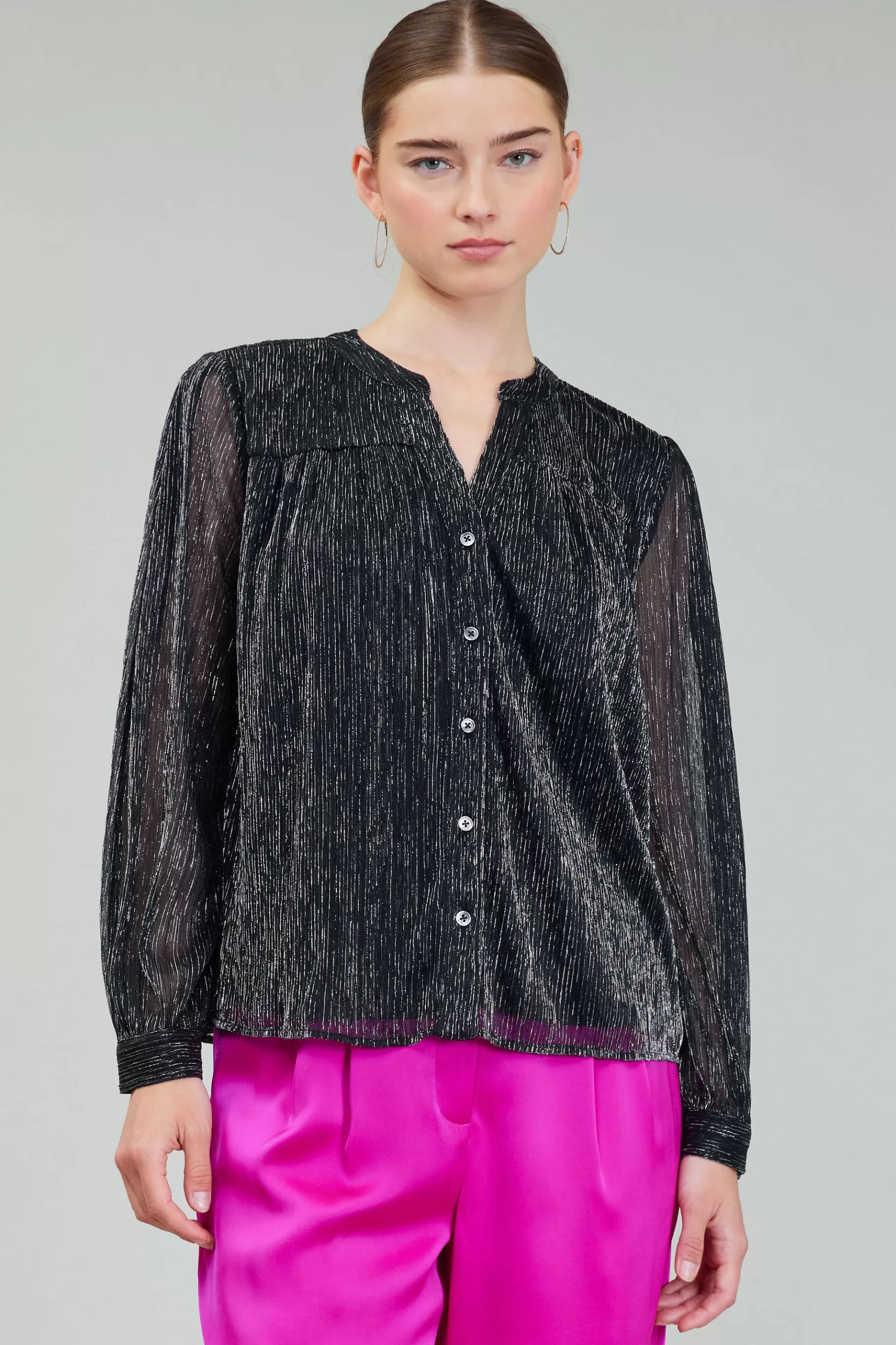 Current Air Long Sleeve Tops>Lurex Buttonup Blouse BLACK