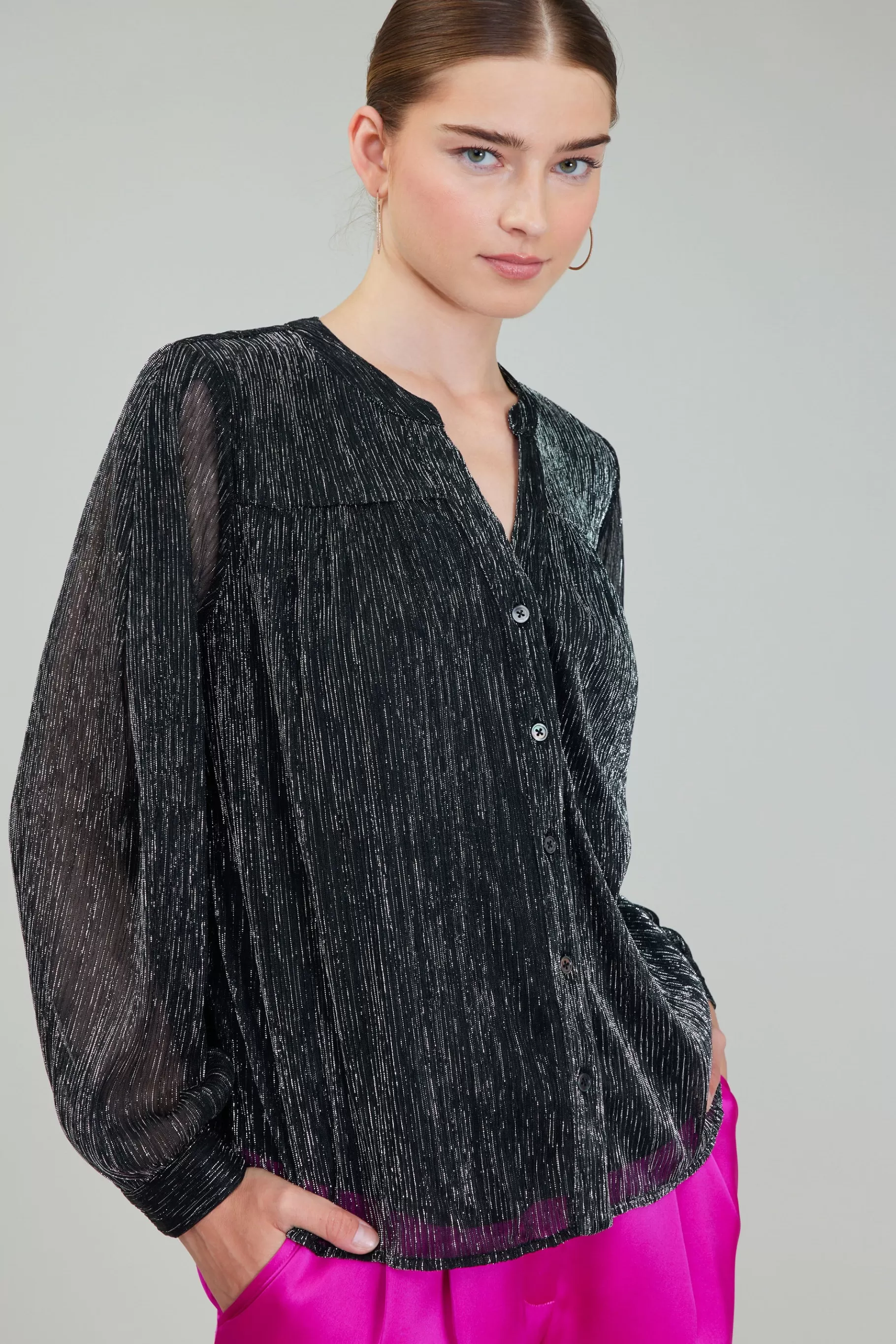 Current Air Long Sleeve Tops>Lurex Buttonup Blouse BLACK