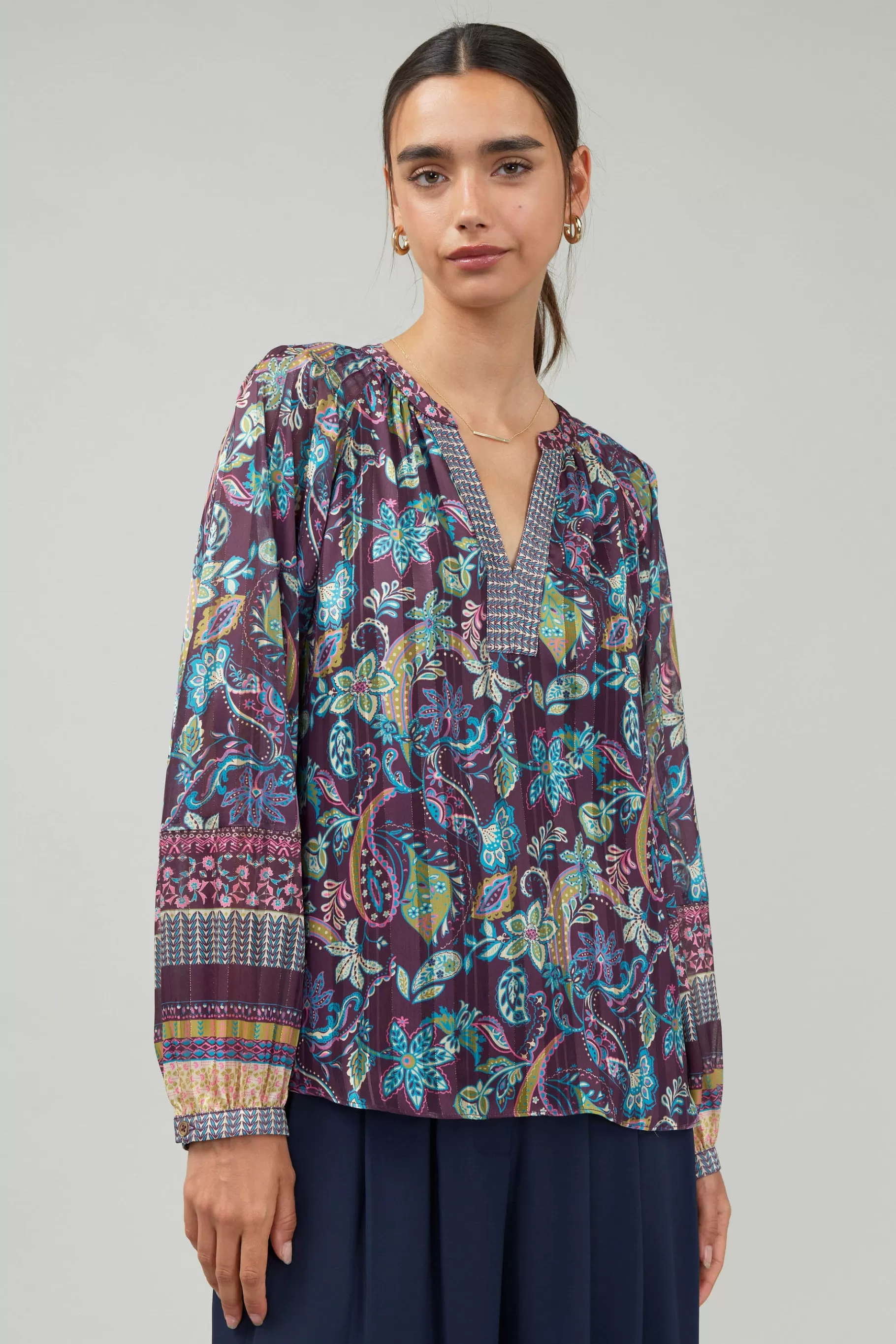 Current Air Long Sleeve Tops>Lurex Floral Blouse PLUMMLT