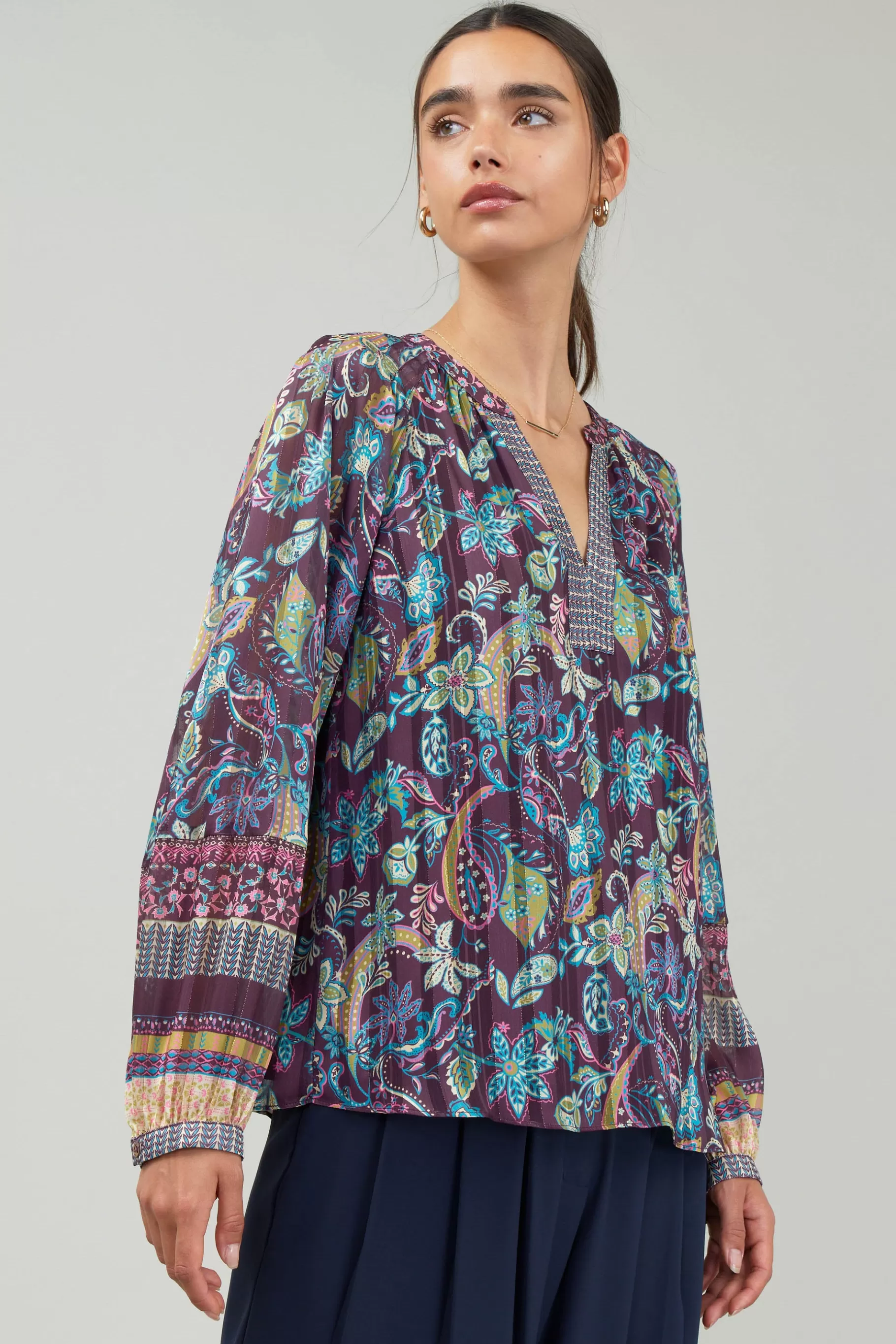 Current Air Long Sleeve Tops>Lurex Floral Blouse PLUMMLT