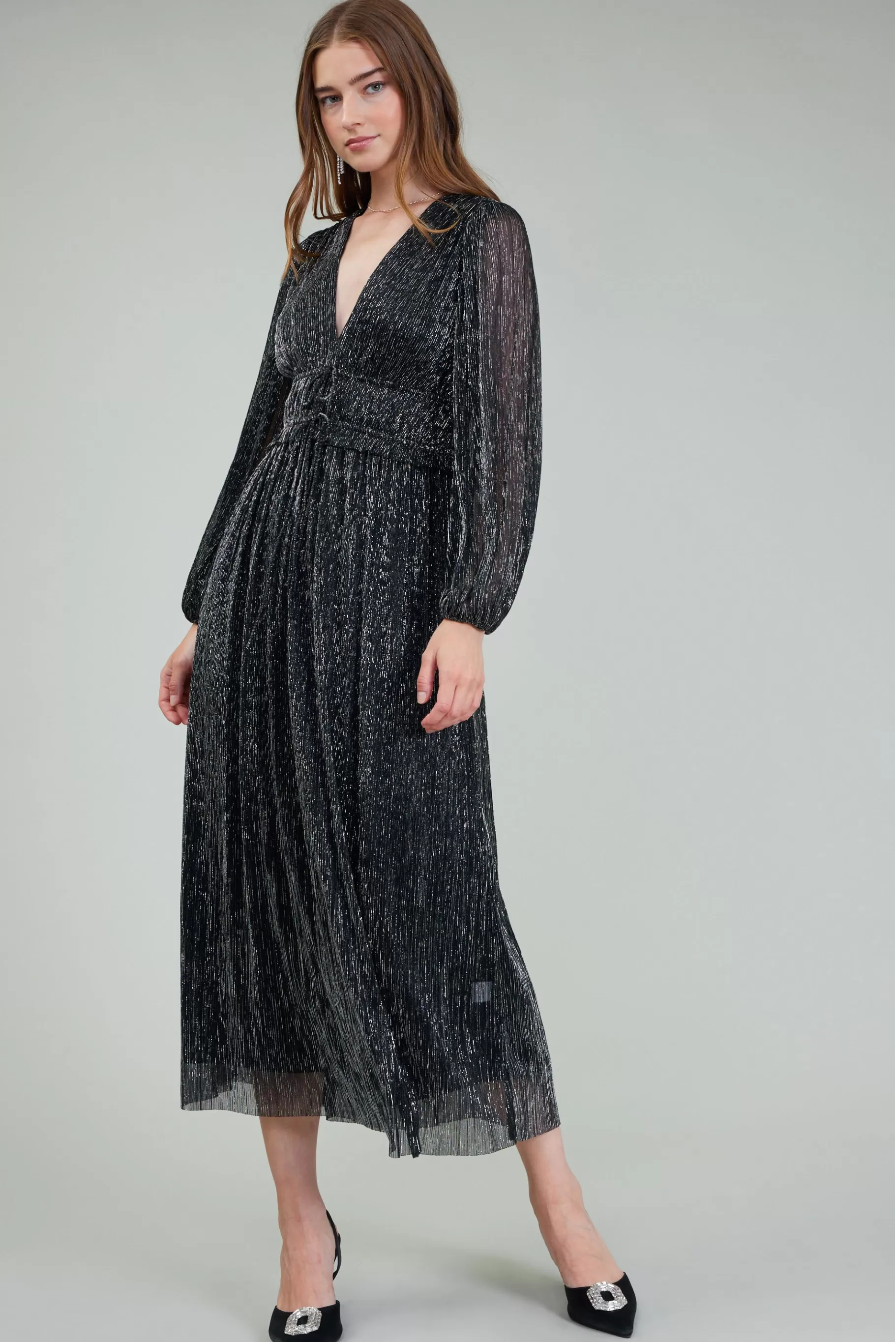 Current Air Maxi Dresses>Lurex Pleated Maxi Dress BLACK