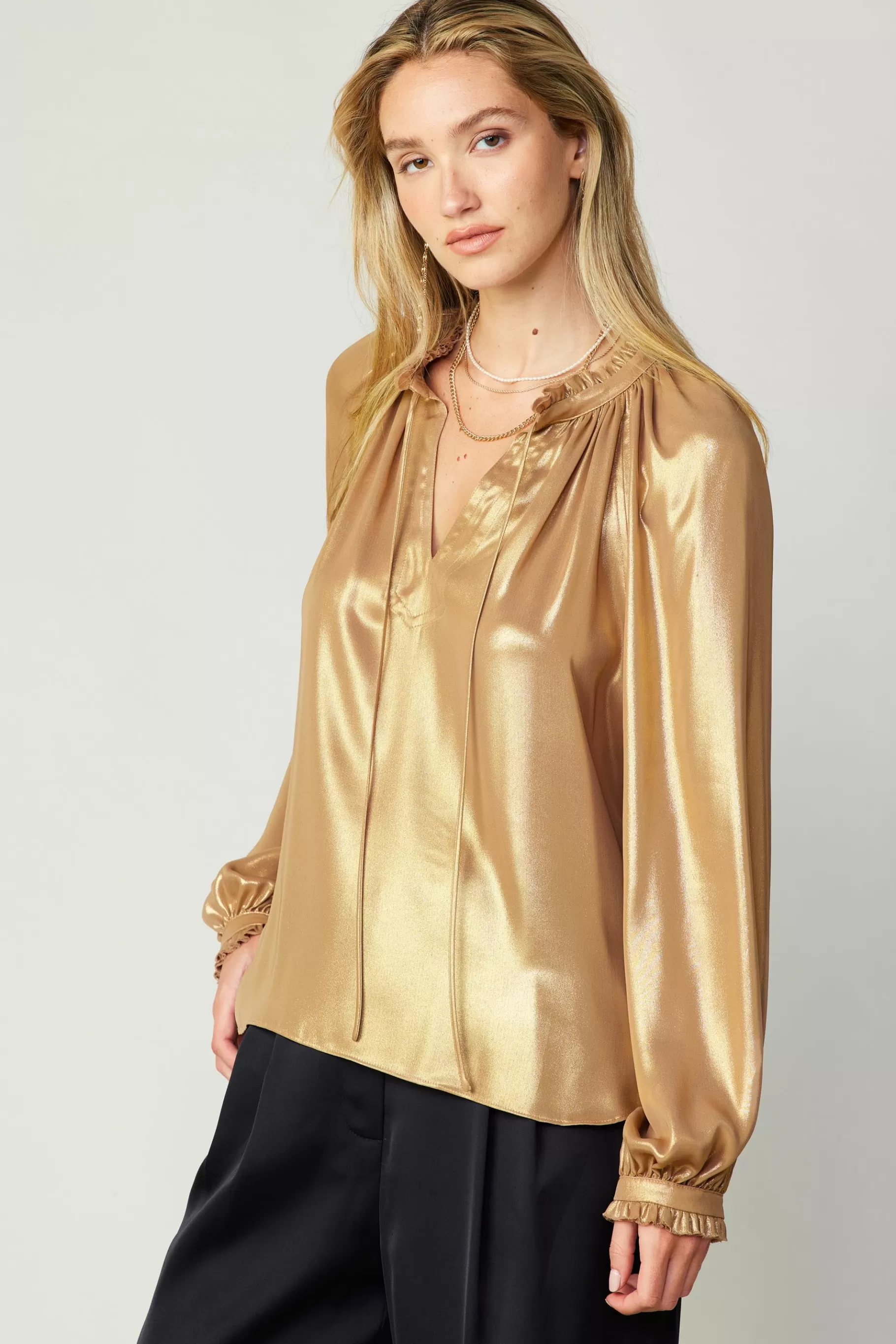 Current Air Long Sleeve Tops>Lustrous Cuffed Blouse GOLD