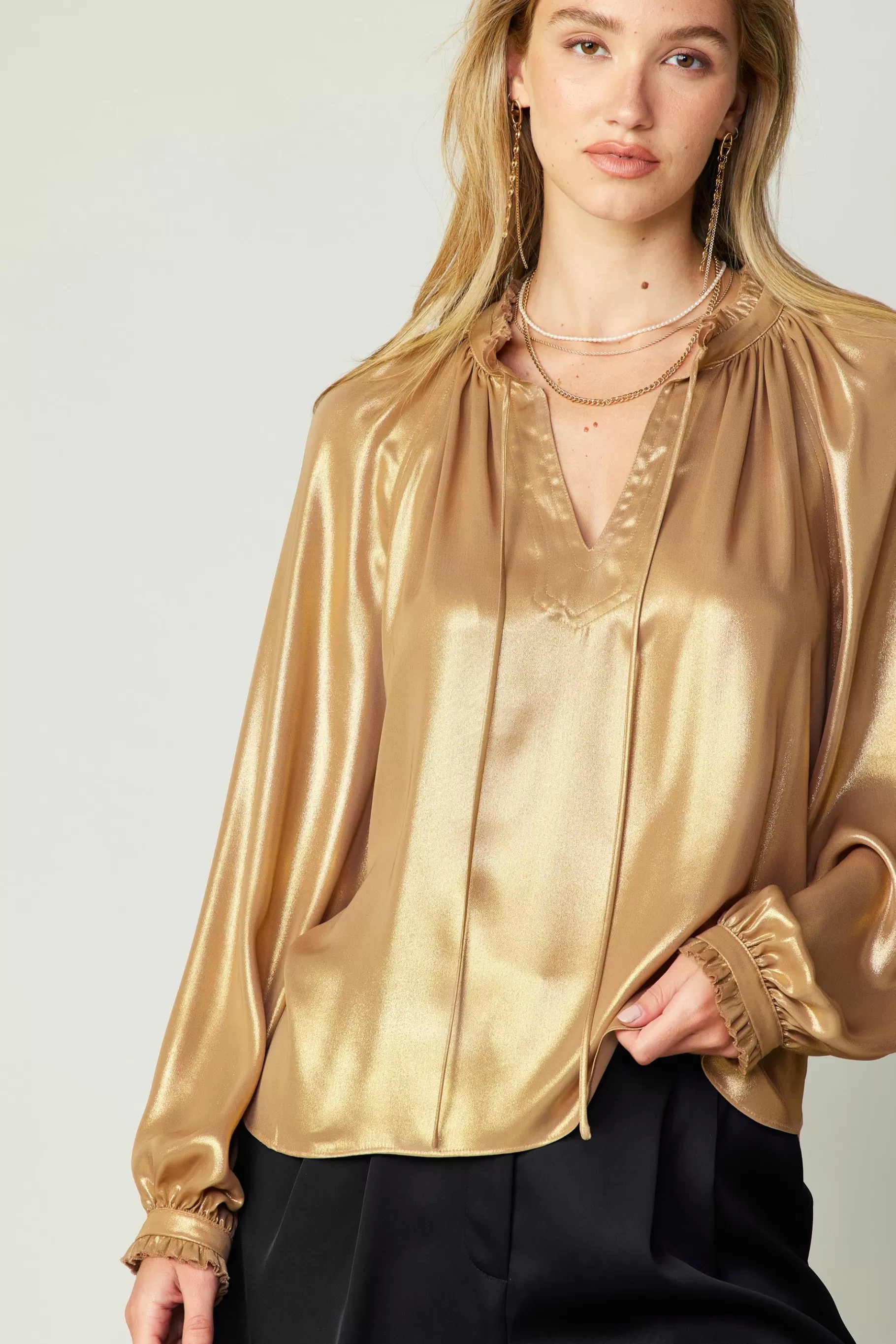 Current Air Long Sleeve Tops>Lustrous Cuffed Blouse GOLD