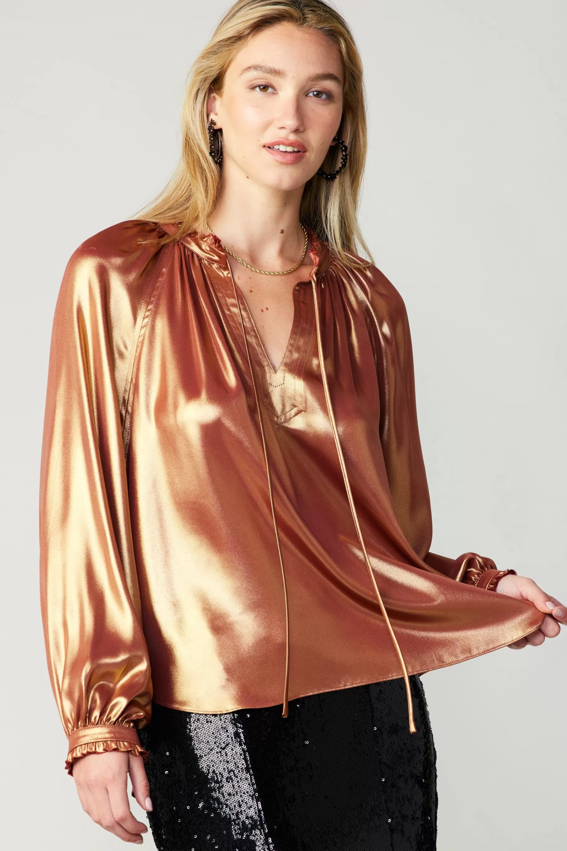 Current Air Long Sleeve Tops>Lustrous Cuffed Blouse RUST