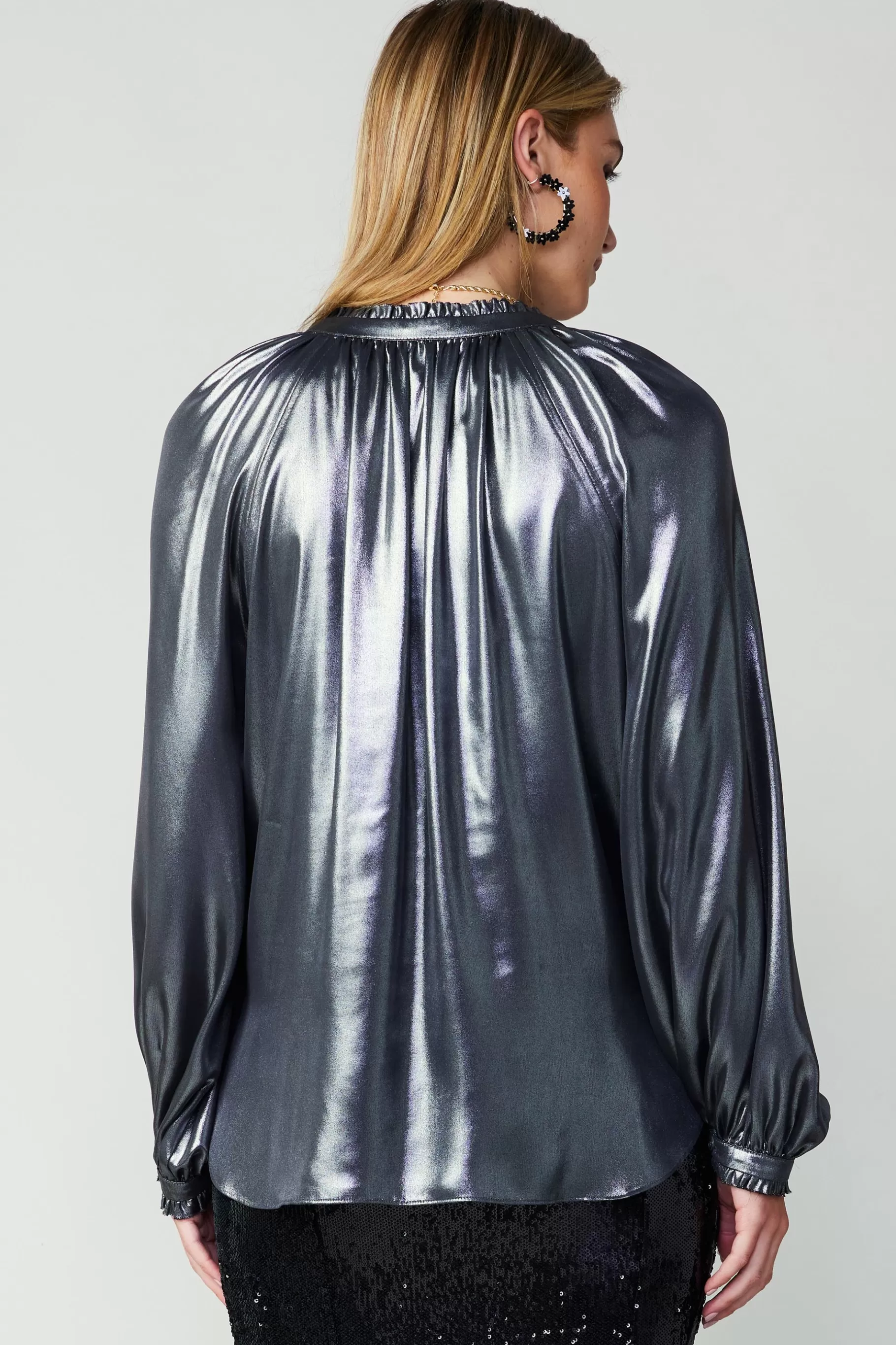 Current Air Long Sleeve Tops>Lustrous Cuffed Blouse GUNMETAL