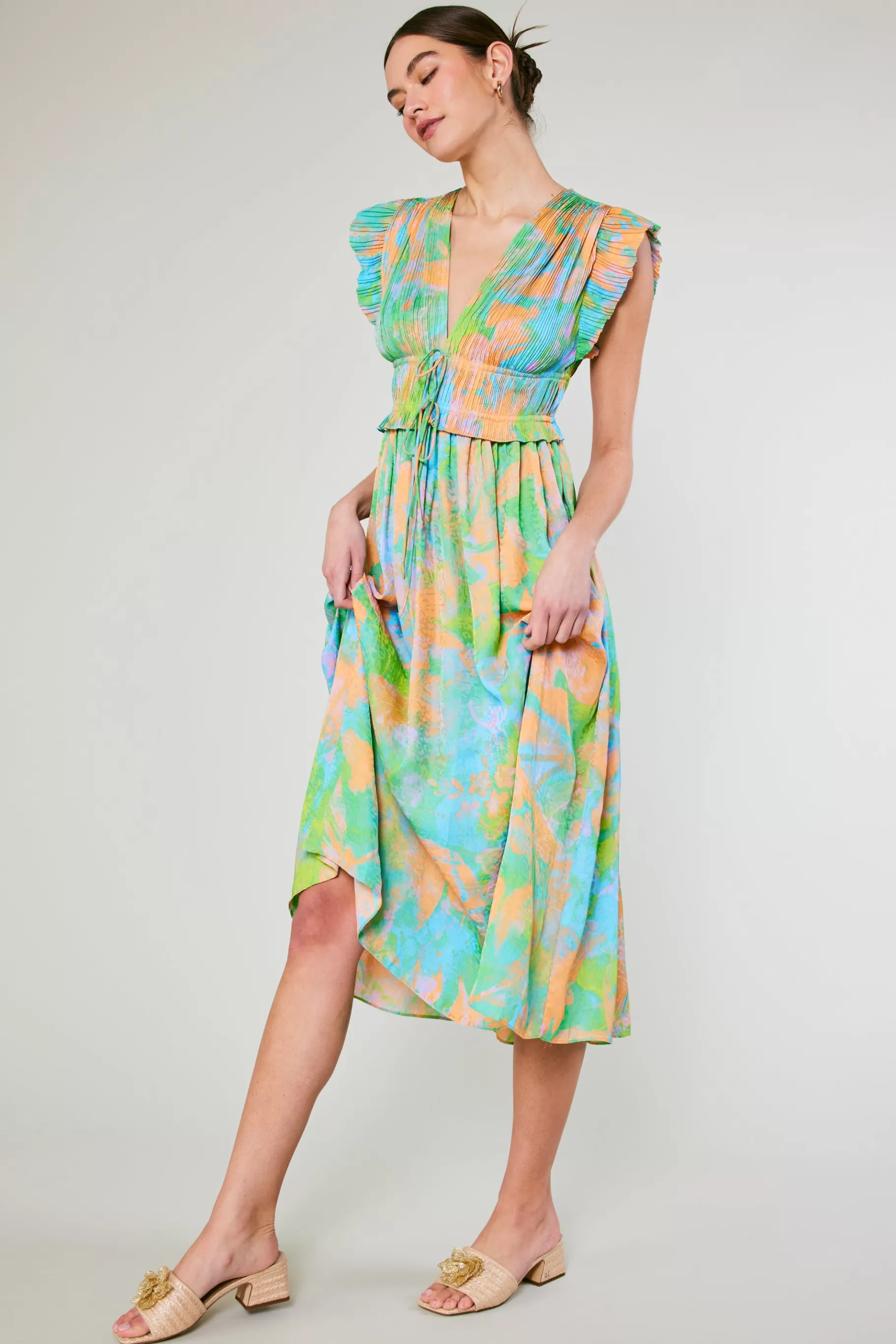 Current Air Maxi Dresses | Midi Dresses>Mara Abstract Pleated Maxi Dress GREENORANGEMLT