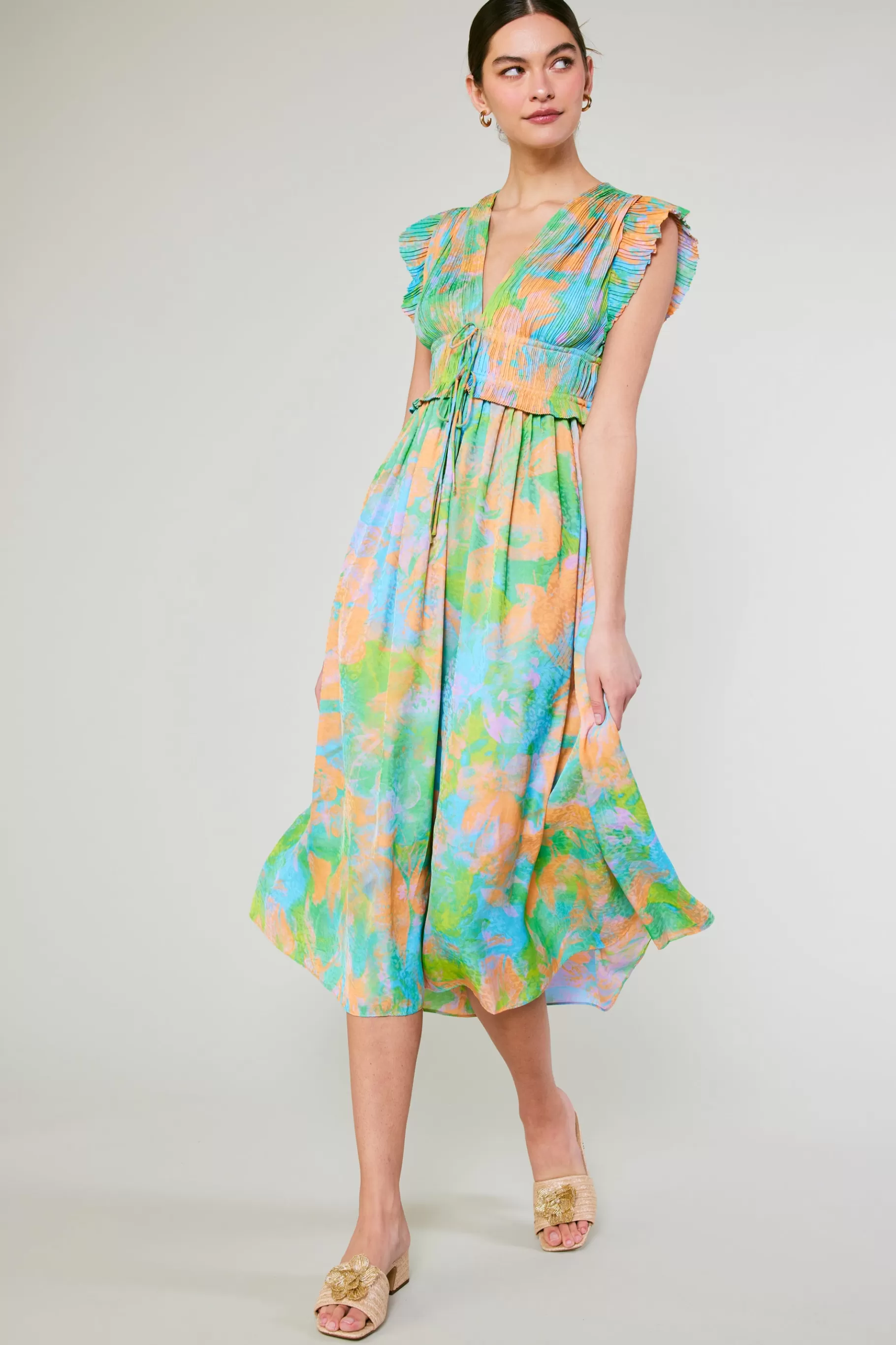 Current Air Maxi Dresses | Midi Dresses>Mara Abstract Pleated Maxi Dress GREENORANGEMLT