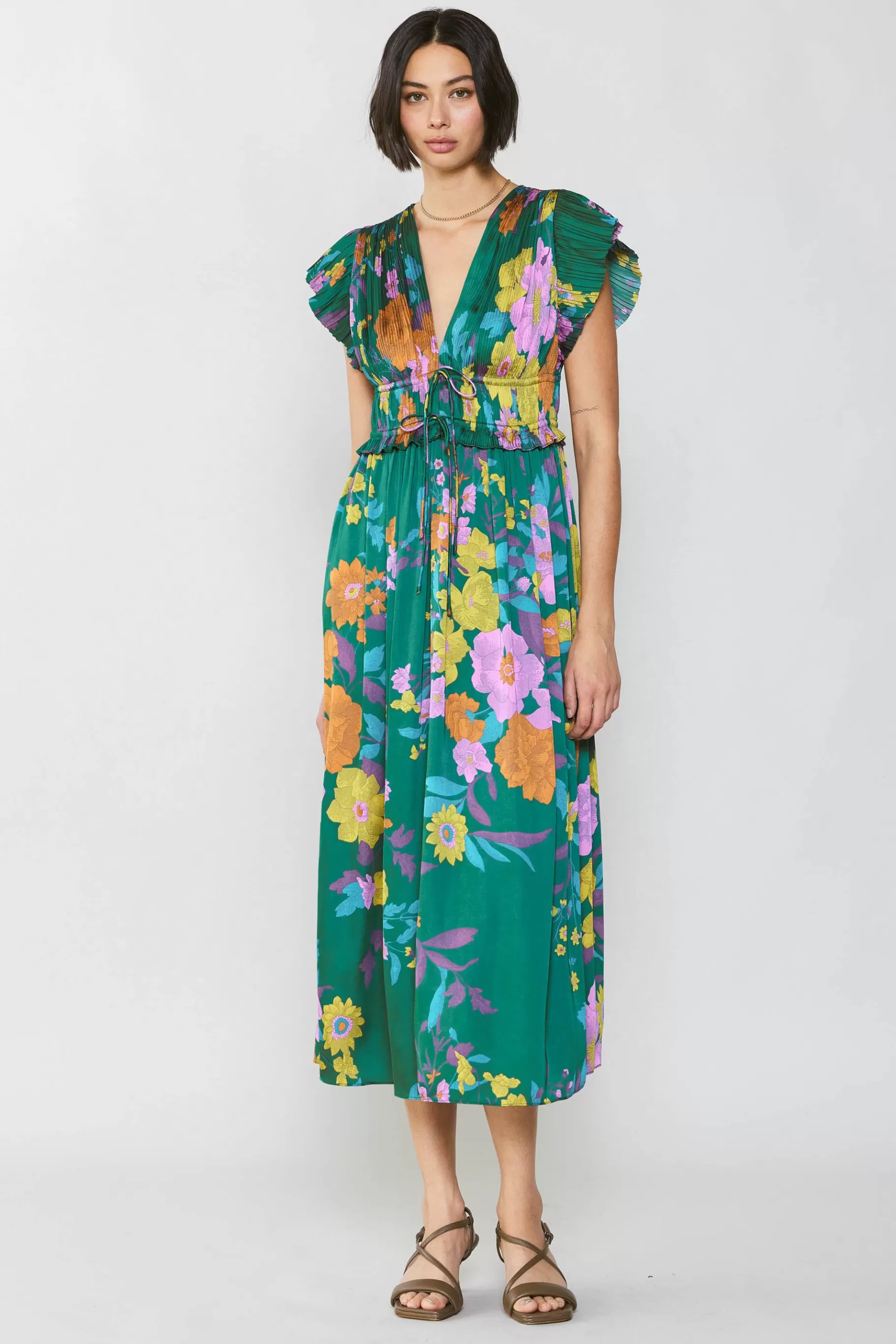 Current Air Midi Dresses>Mara Floral Pleated Midi Dress GREENFLORAL