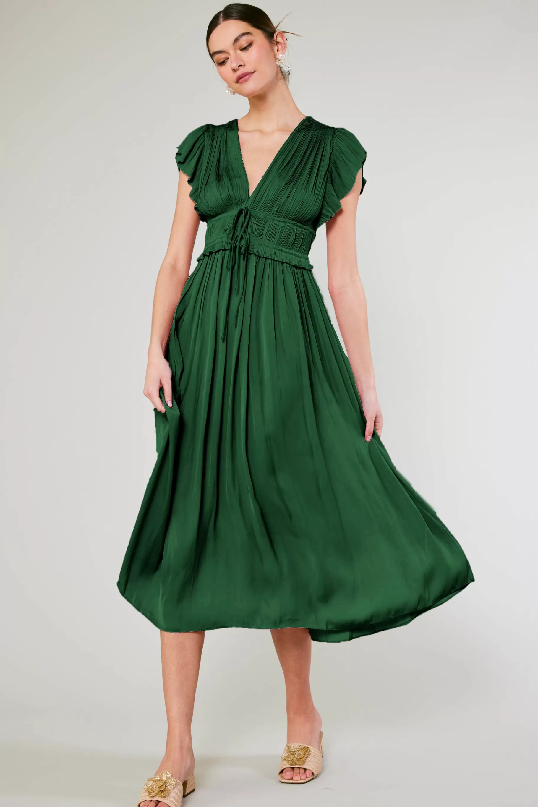 Current Air Maxi Dresses>Mara Pleated Maxi Dress FORESTGREEN