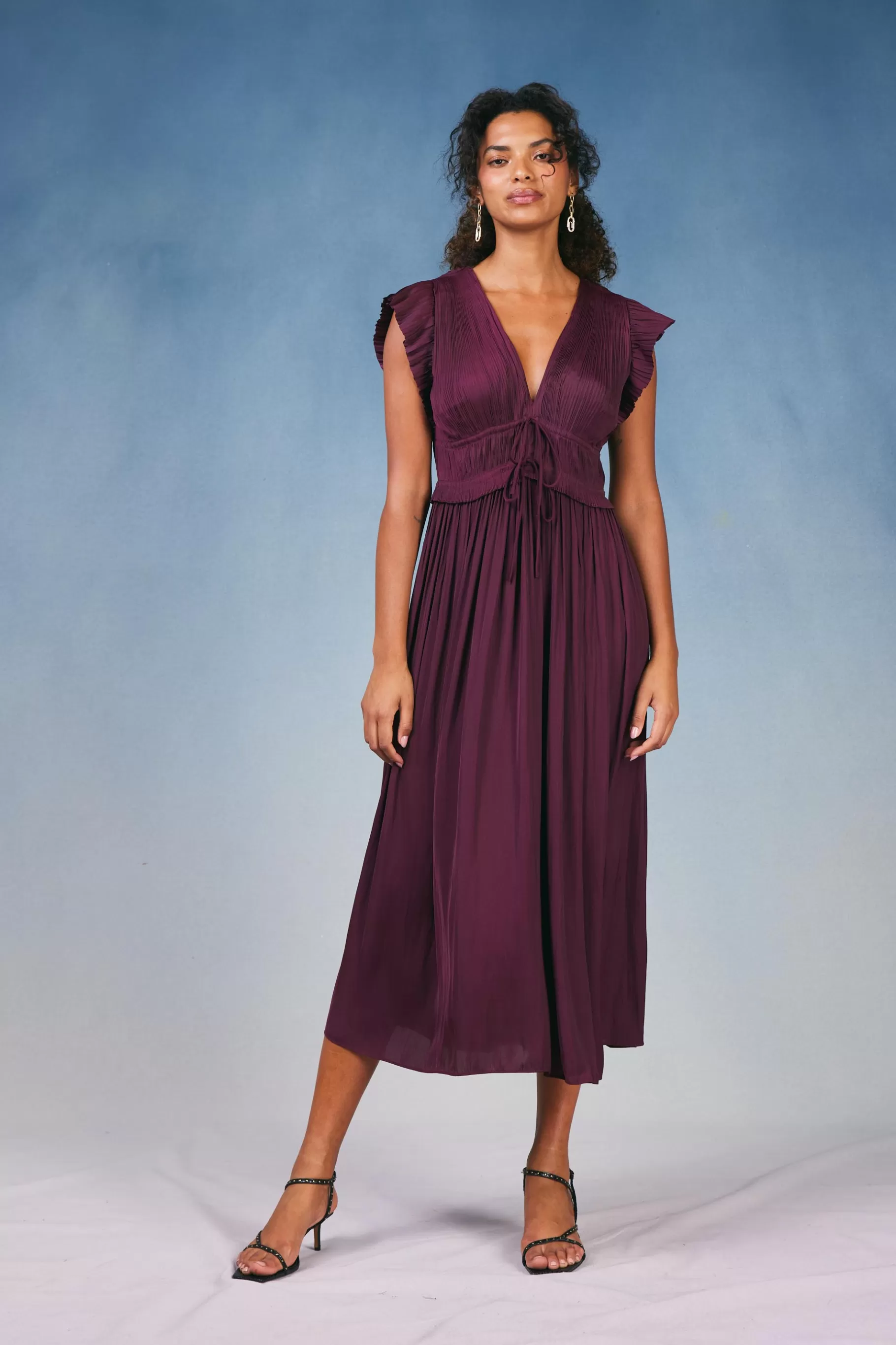 Current Air Maxi Dresses>Mara Pleated Maxi Dress BURGUNDY
