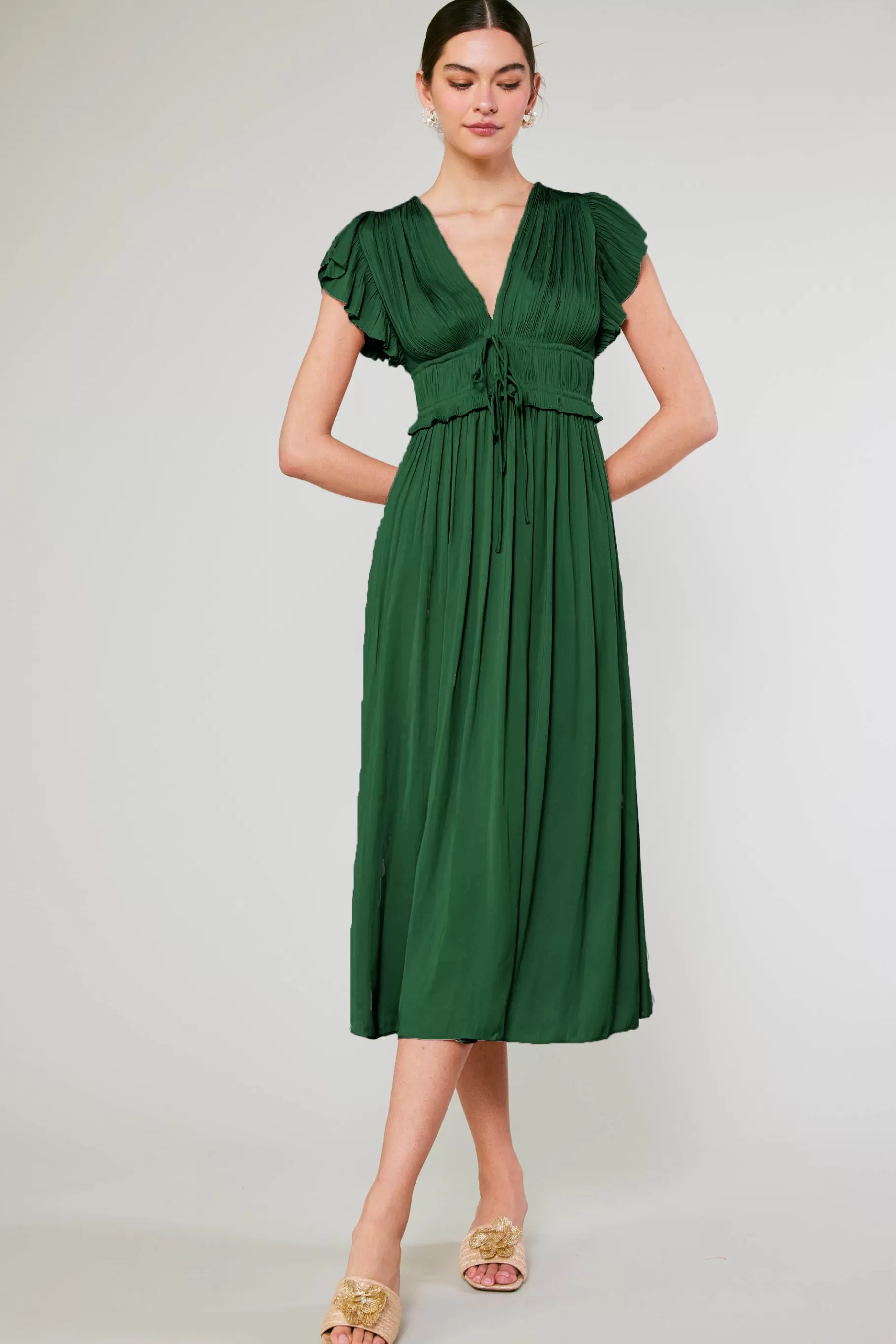 Current Air Maxi Dresses>Mara Pleated Maxi Dress FORESTGREEN