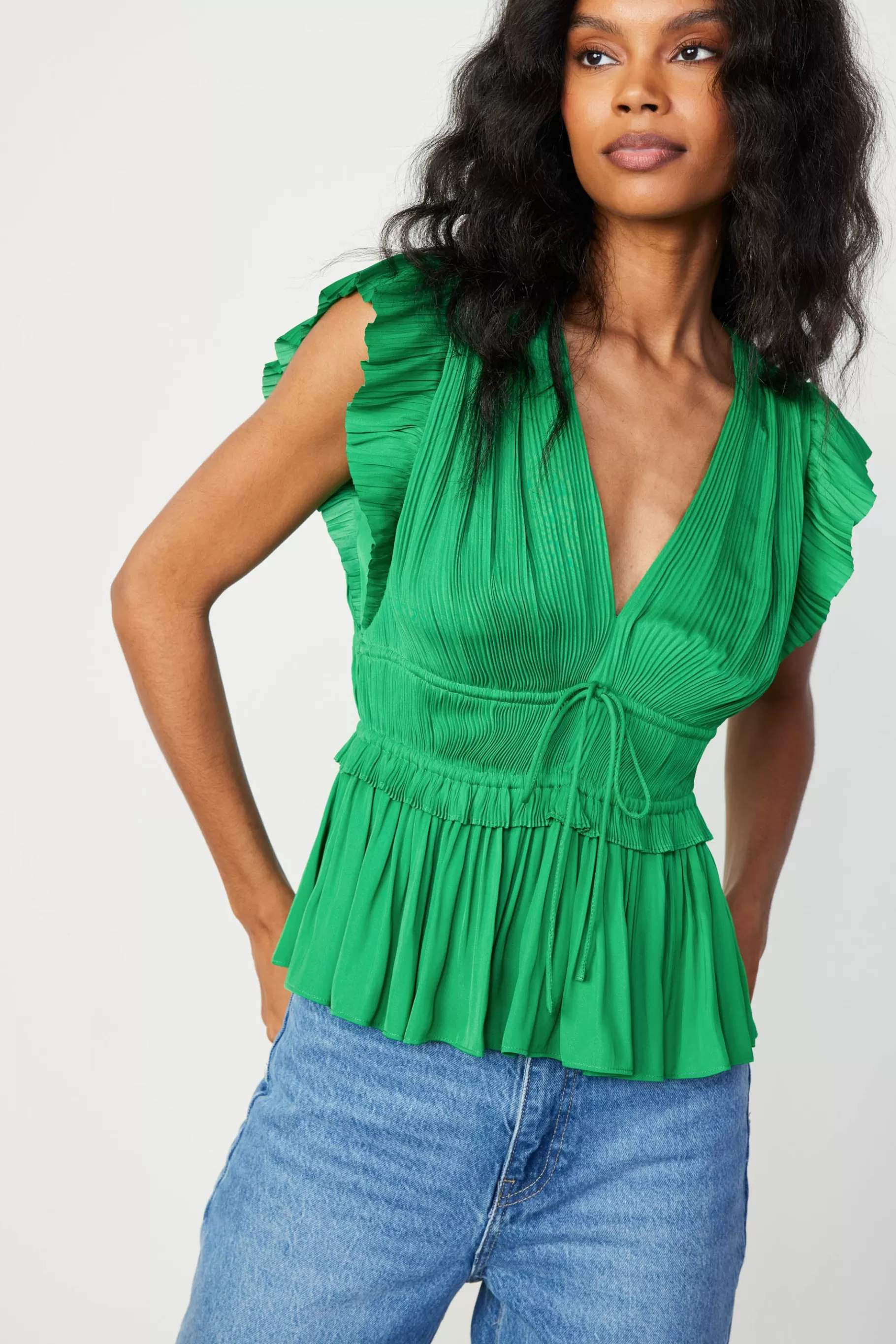Current Air Sleeveless Tops>Mara Pleated Sleeveless Blouse DEEPSPRINGGREEN