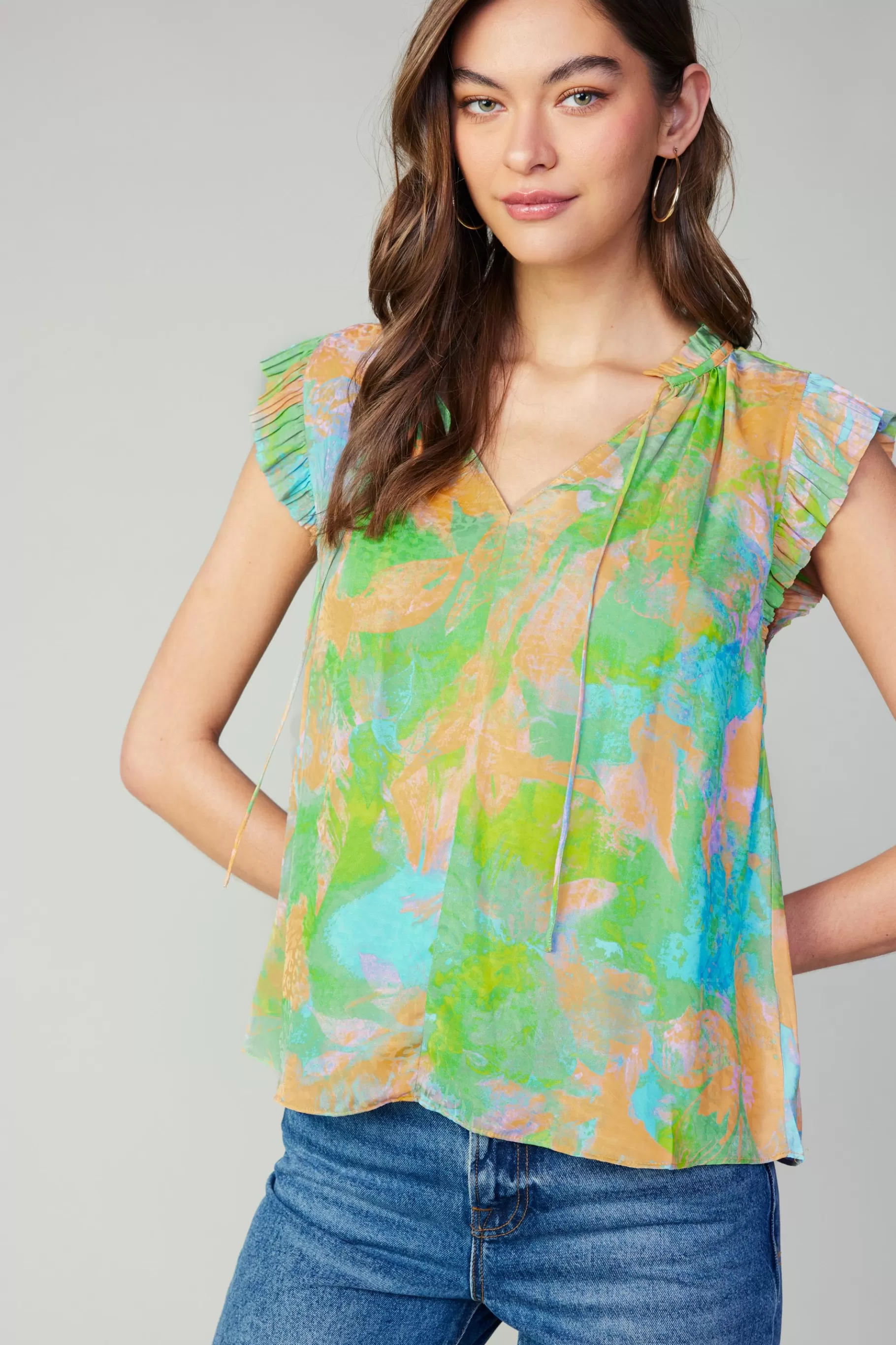 Current Air Short Sleeve Tops>Margot Abstract Pleated Sleeve Blouse GREENORANGE
