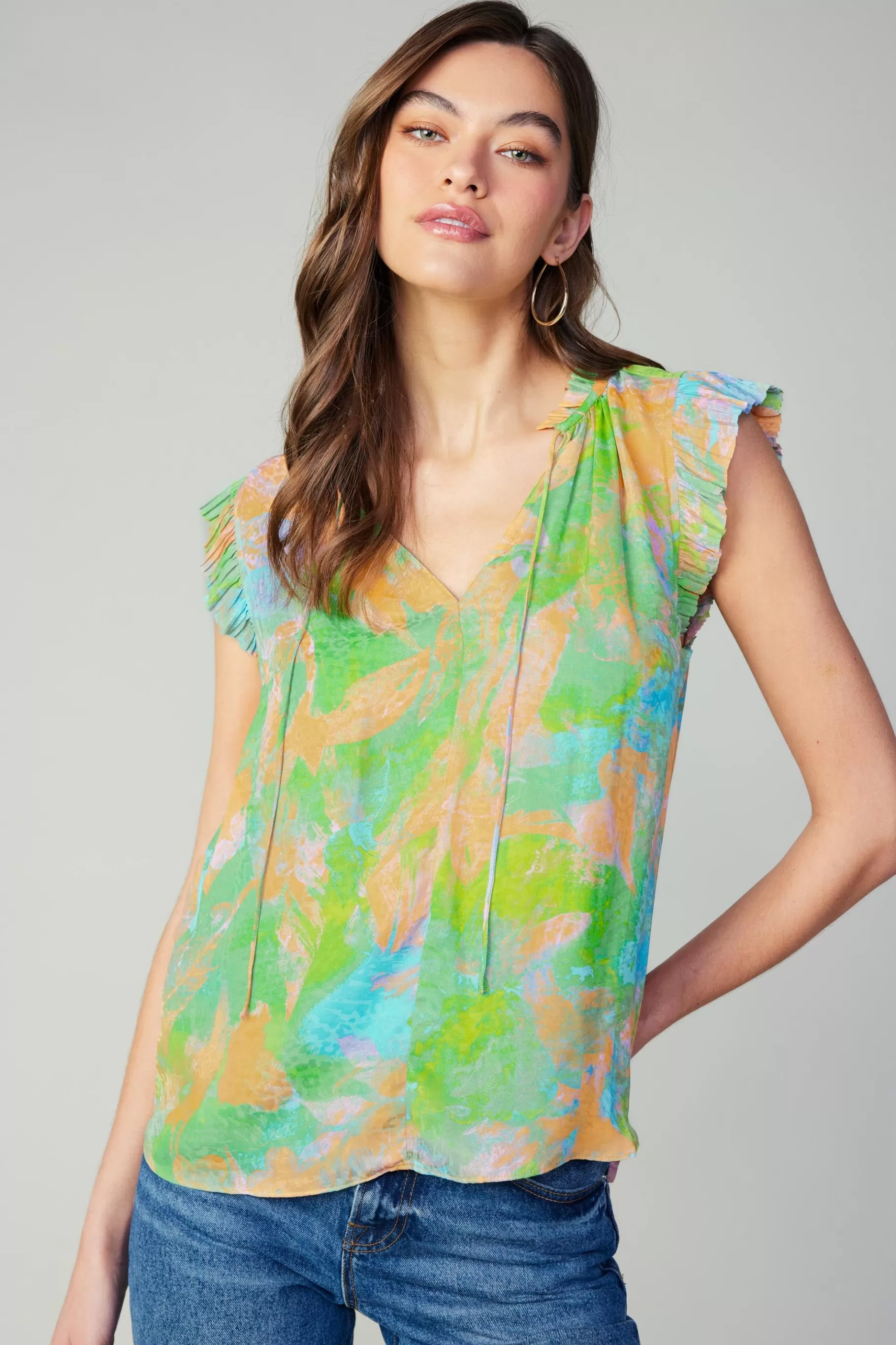 Current Air Short Sleeve Tops>Margot Abstract Pleated Sleeve Blouse GREENORANGE