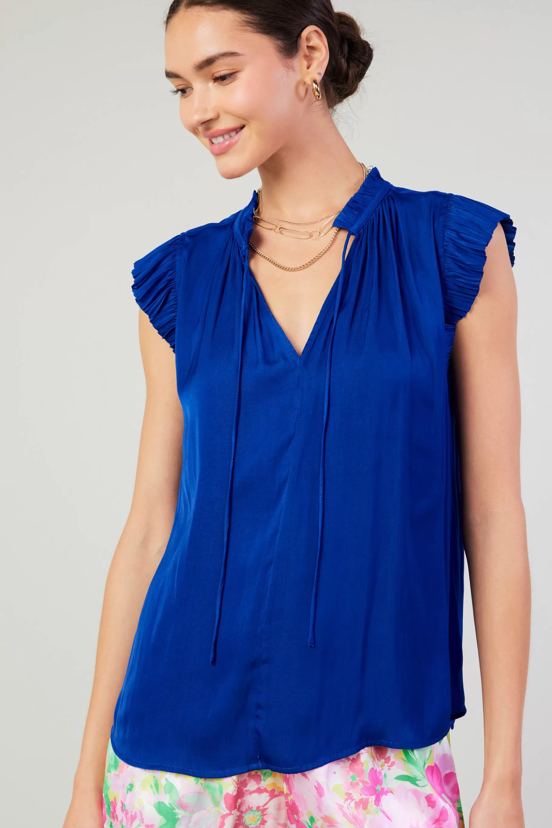 Current Air Short Sleeve Tops>Margot Pleated Blouse COBALT
