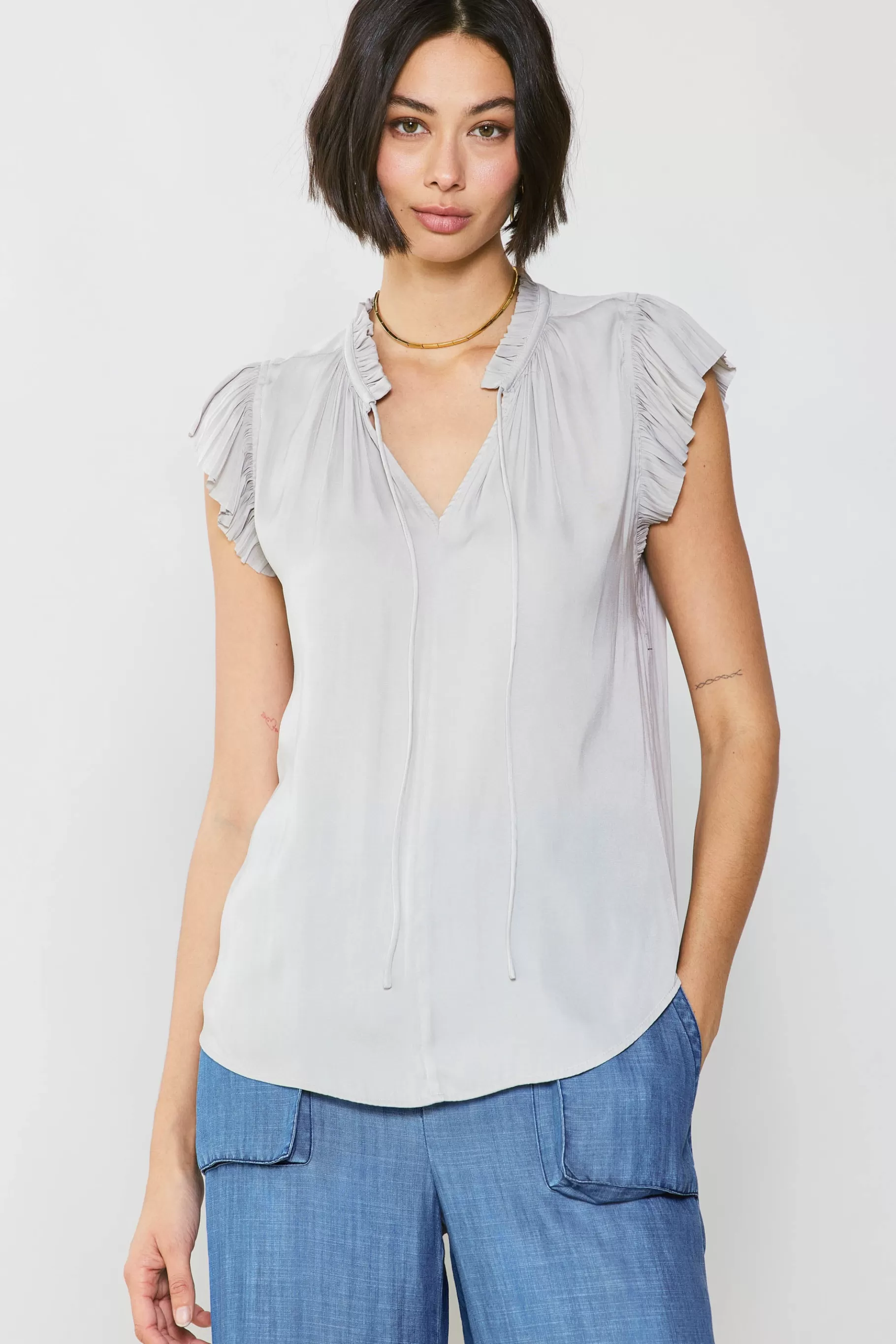Current Air Short Sleeve Tops>Margot Pleated Sleeve Blouse GREY