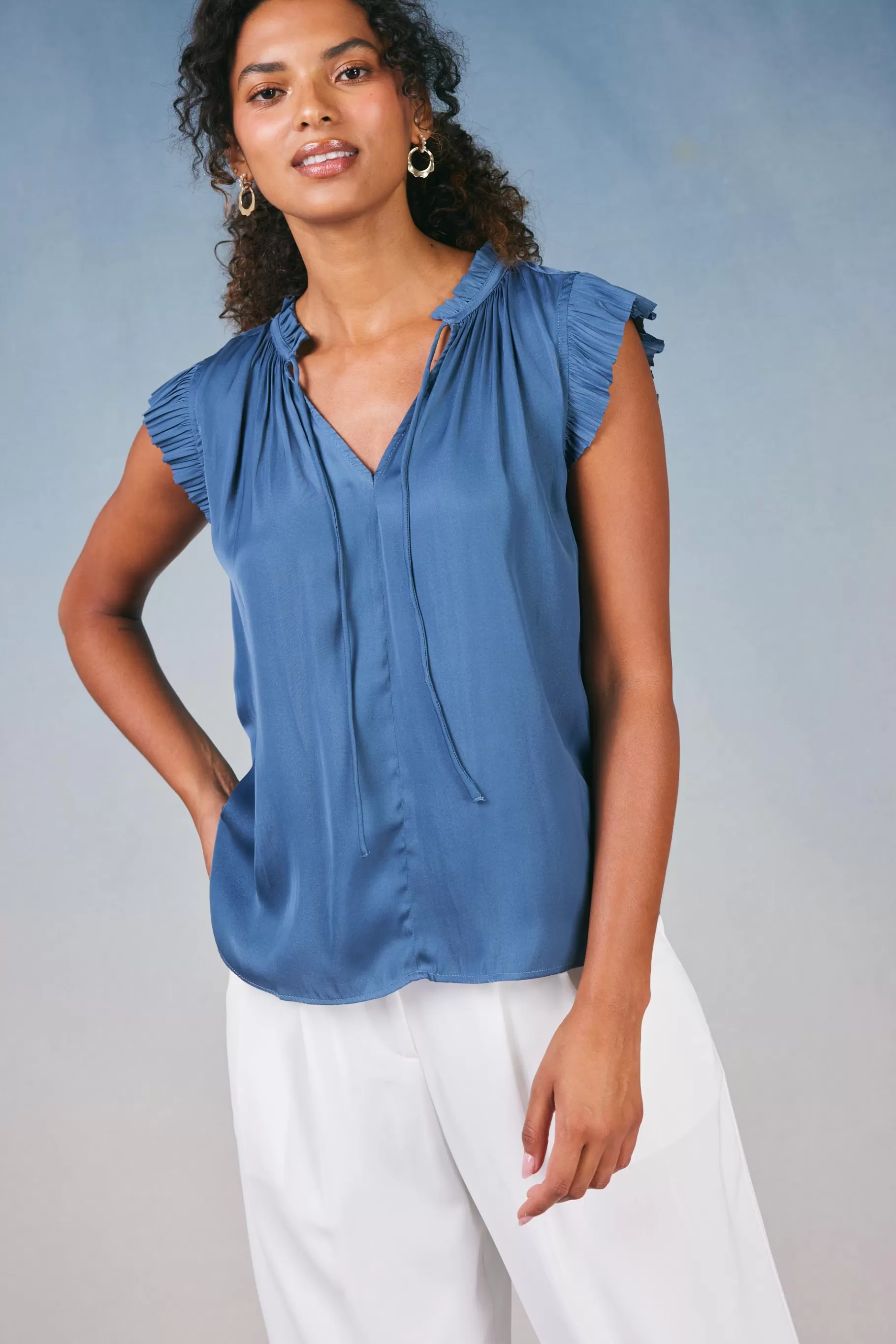 Current Air Short Sleeve Tops>Margot Pleated Sleeve Blouse DARKDUSTYBLUE