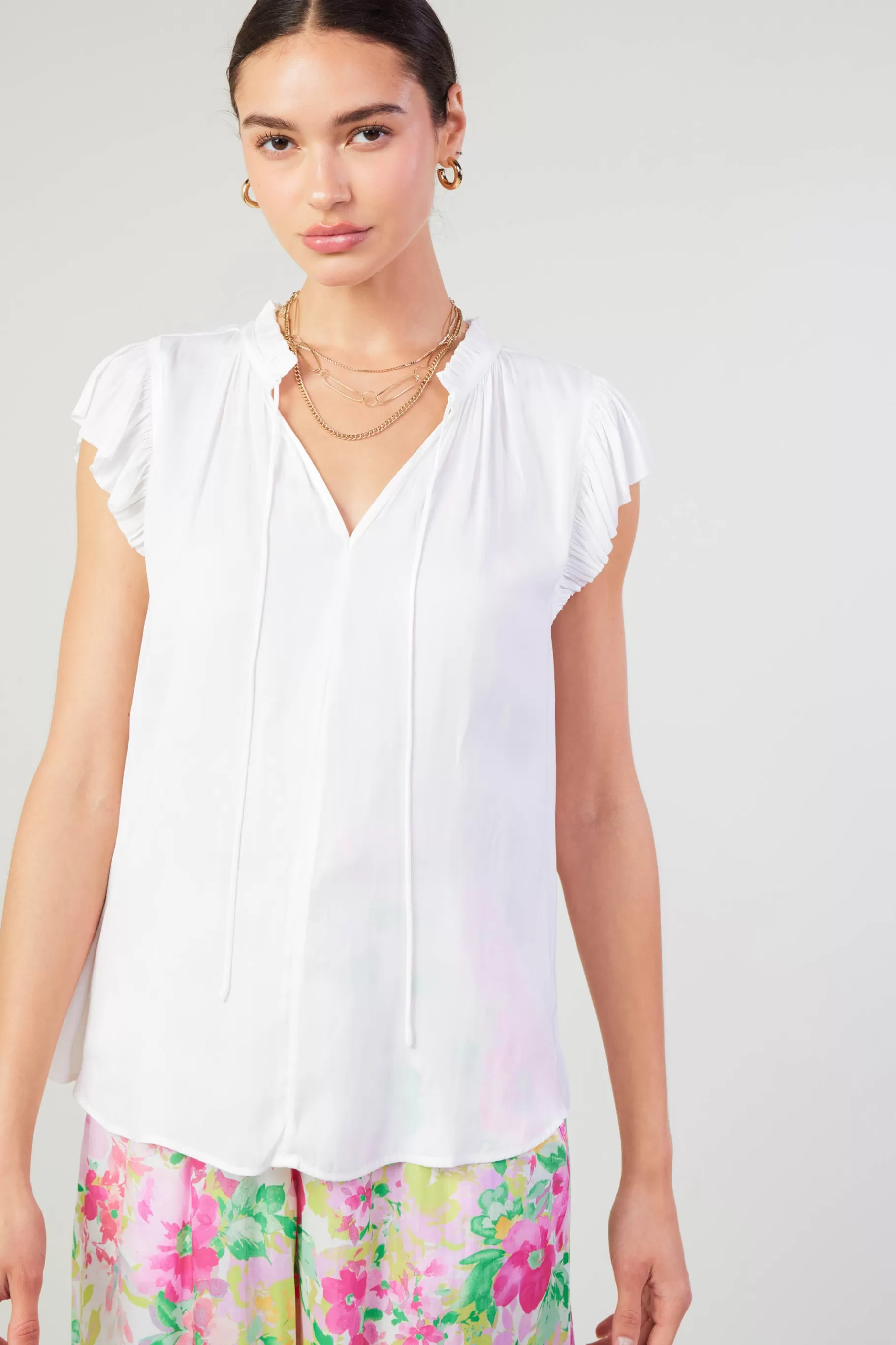Current Air Short Sleeve Tops>Margot Pleated Sleeve Blouse OFFWHITE
