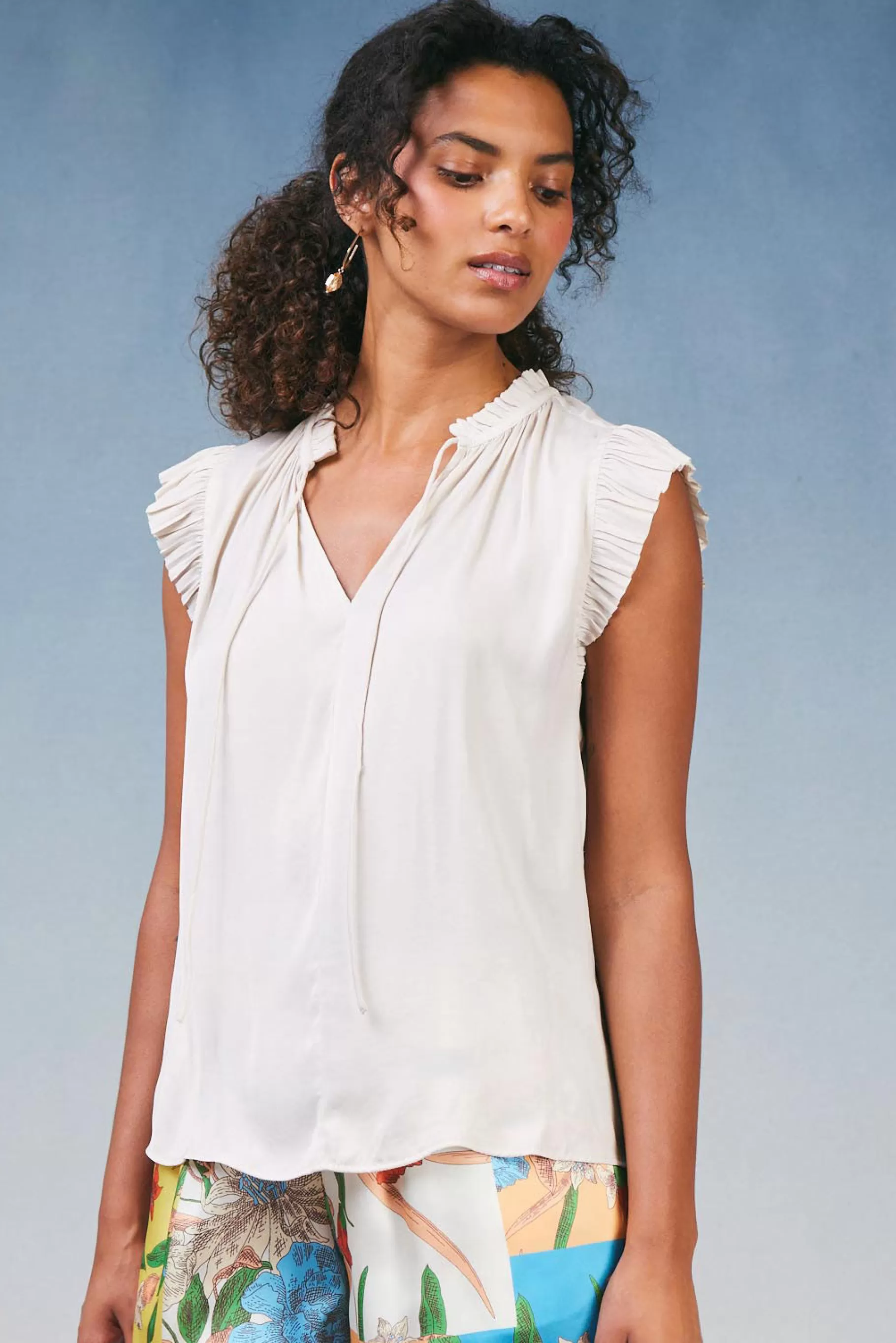 Current Air Short Sleeve Tops | Sleeveless Tops>Margot Pleated Sleeve Blouse ECRU