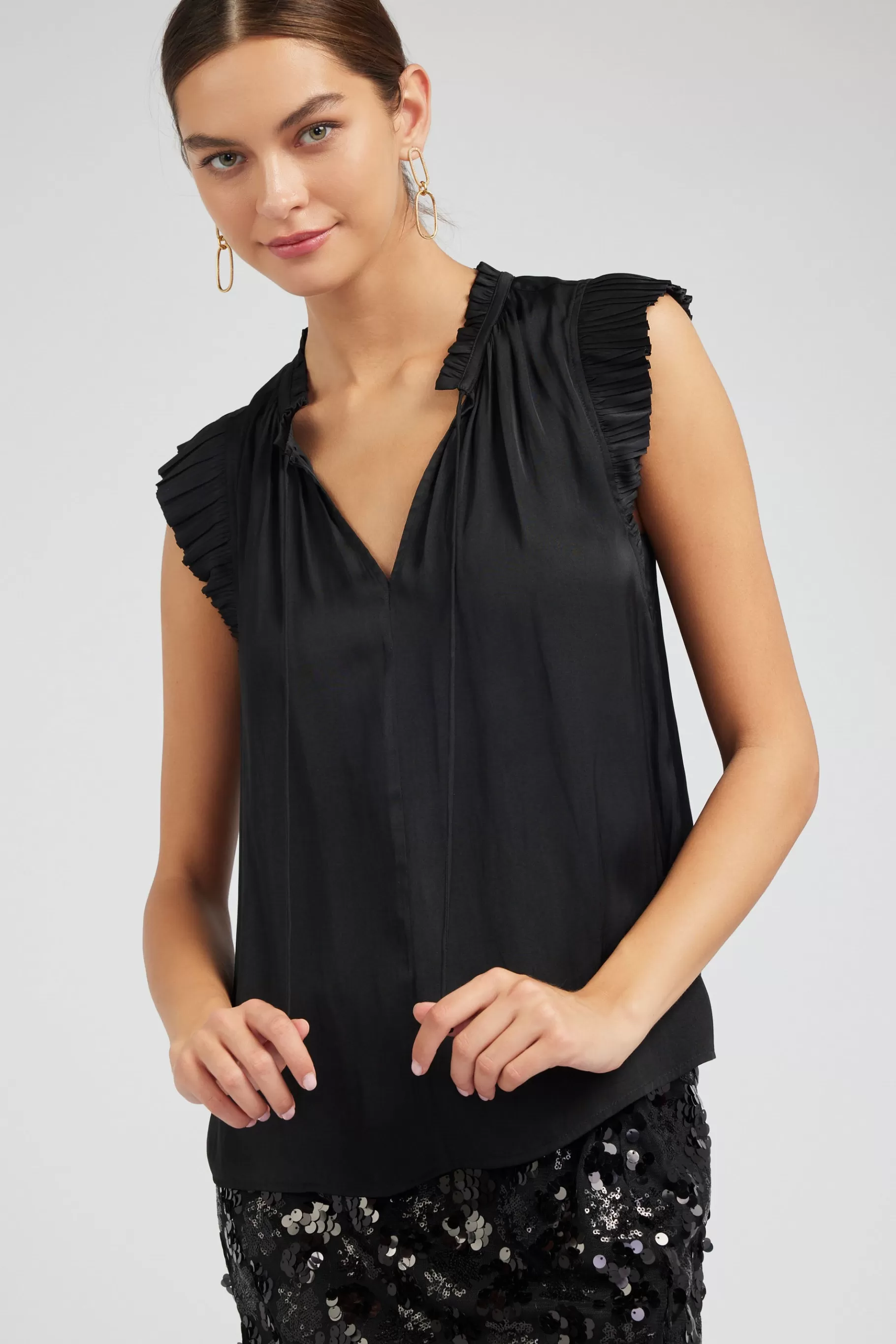 Current Air Sleeveless Tops | Short Sleeve Tops>Margot Pleated Sleeve Blouse BLACK