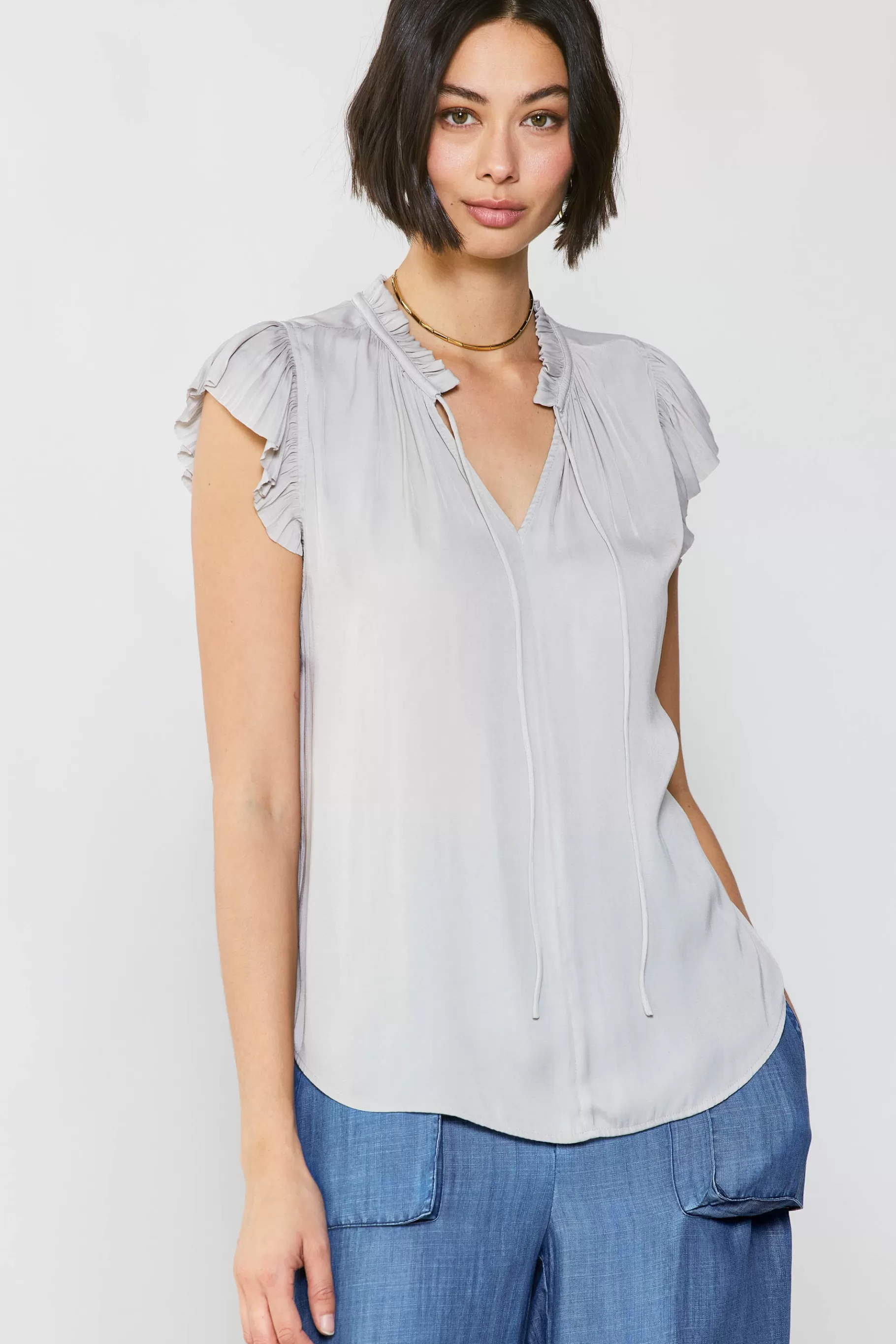 Current Air Short Sleeve Tops>Margot Pleated Sleeve Blouse GREY