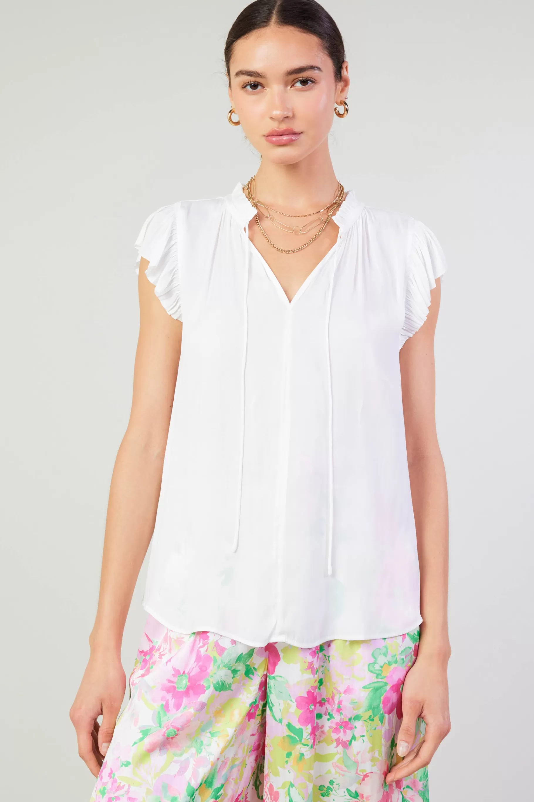 Current Air Short Sleeve Tops>Margot Pleated Sleeve Blouse OFFWHITE