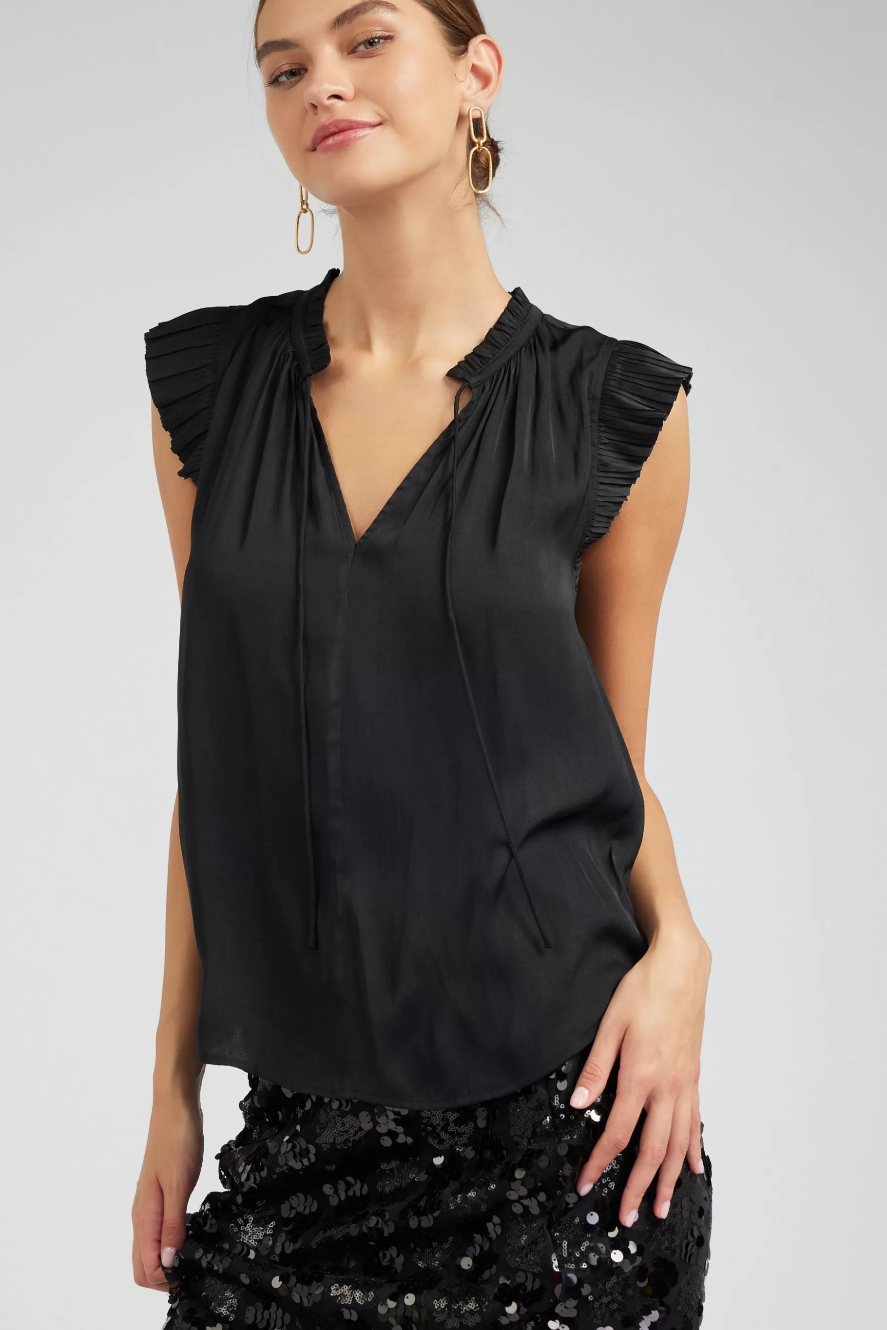 Current Air Sleeveless Tops | Short Sleeve Tops>Margot Pleated Sleeve Blouse BLACK