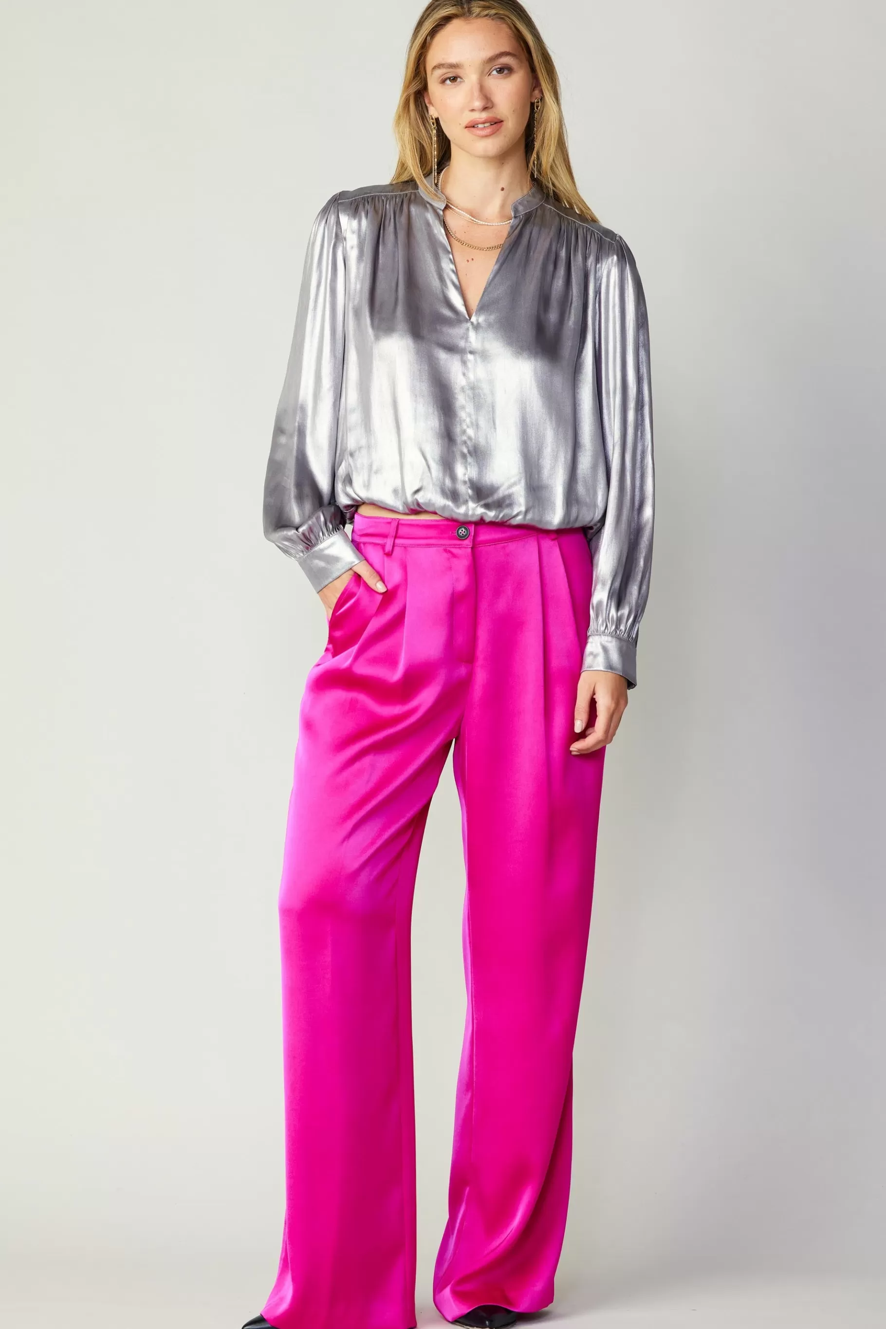 Current Air Long Sleeve Tops>Metallic Bubble Hem Blouse SILVER