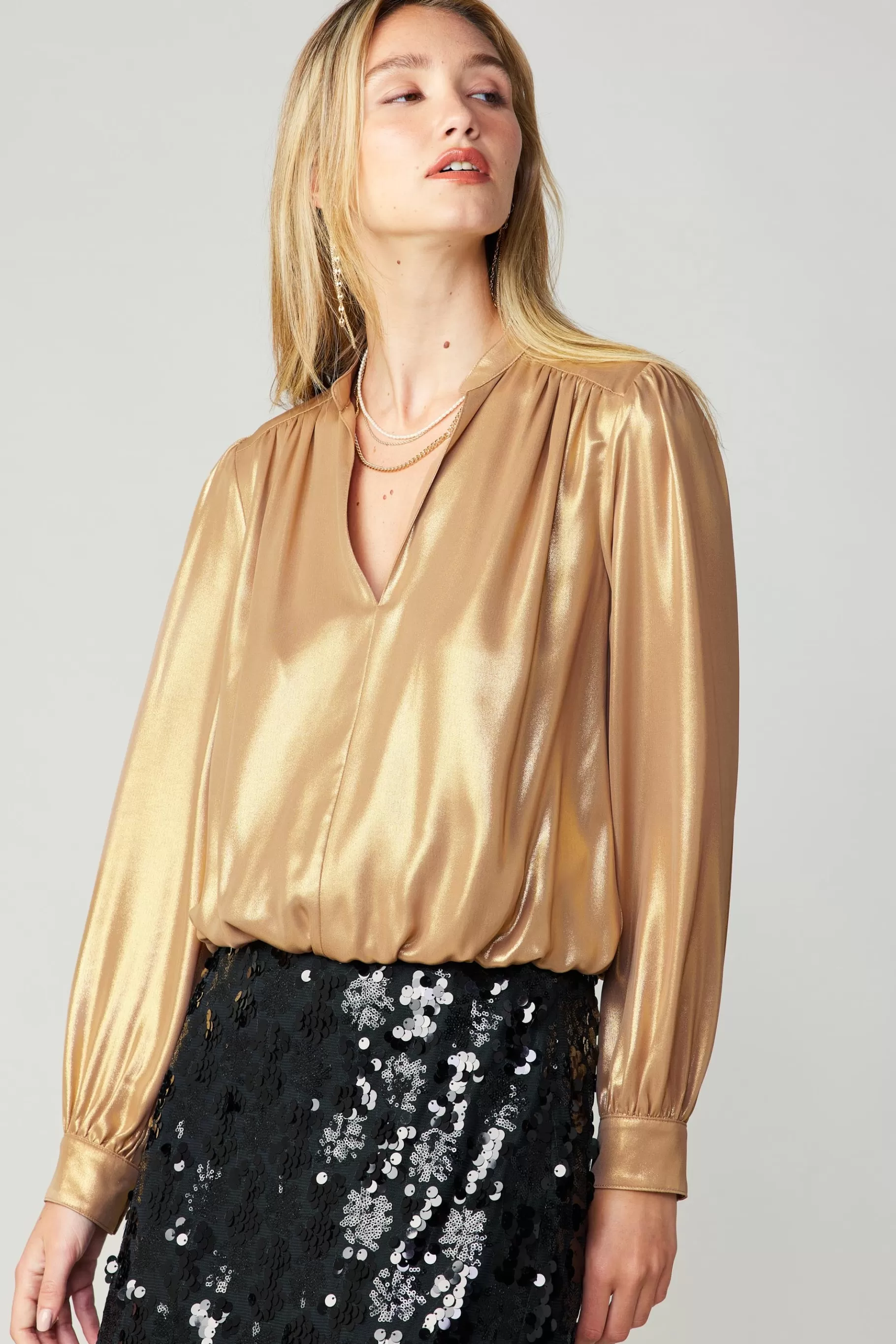 Current Air Long Sleeve Tops>Metallic Bubble Hem Blouse GOLD