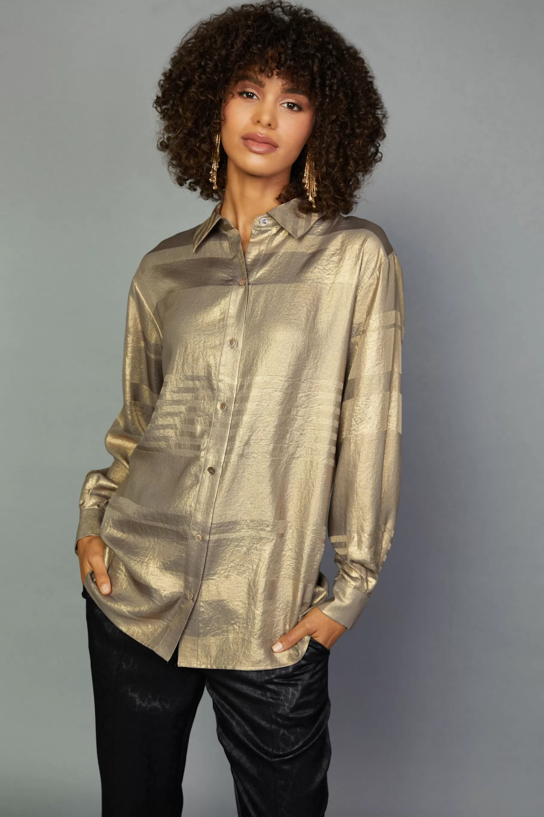 Current Air Long Sleeve Tops>Metallic Button Down Top GOLDFOIL