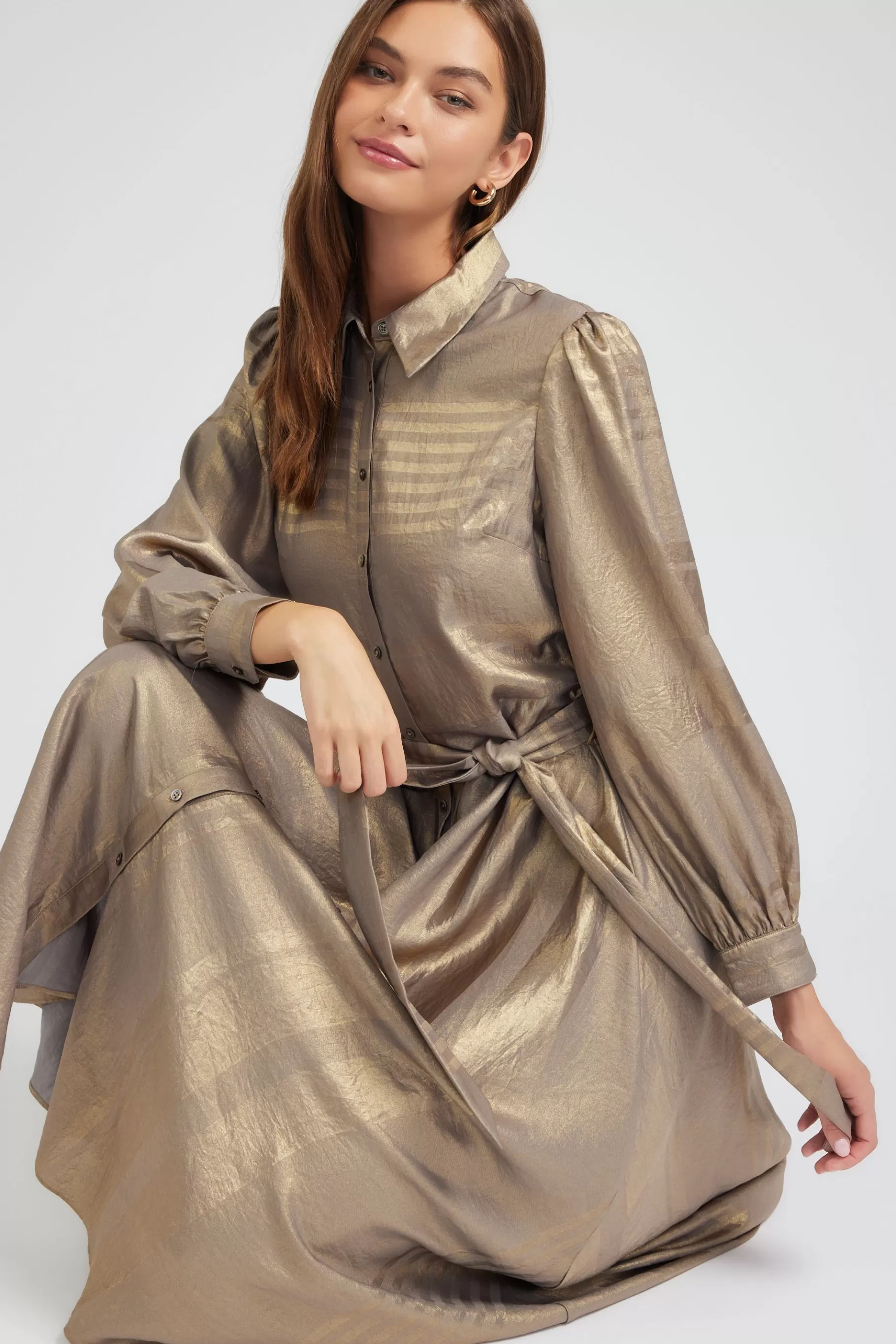 Current Air Maxi Dresses | Midi Dresses>Metallic Buttondown Dress GOLD