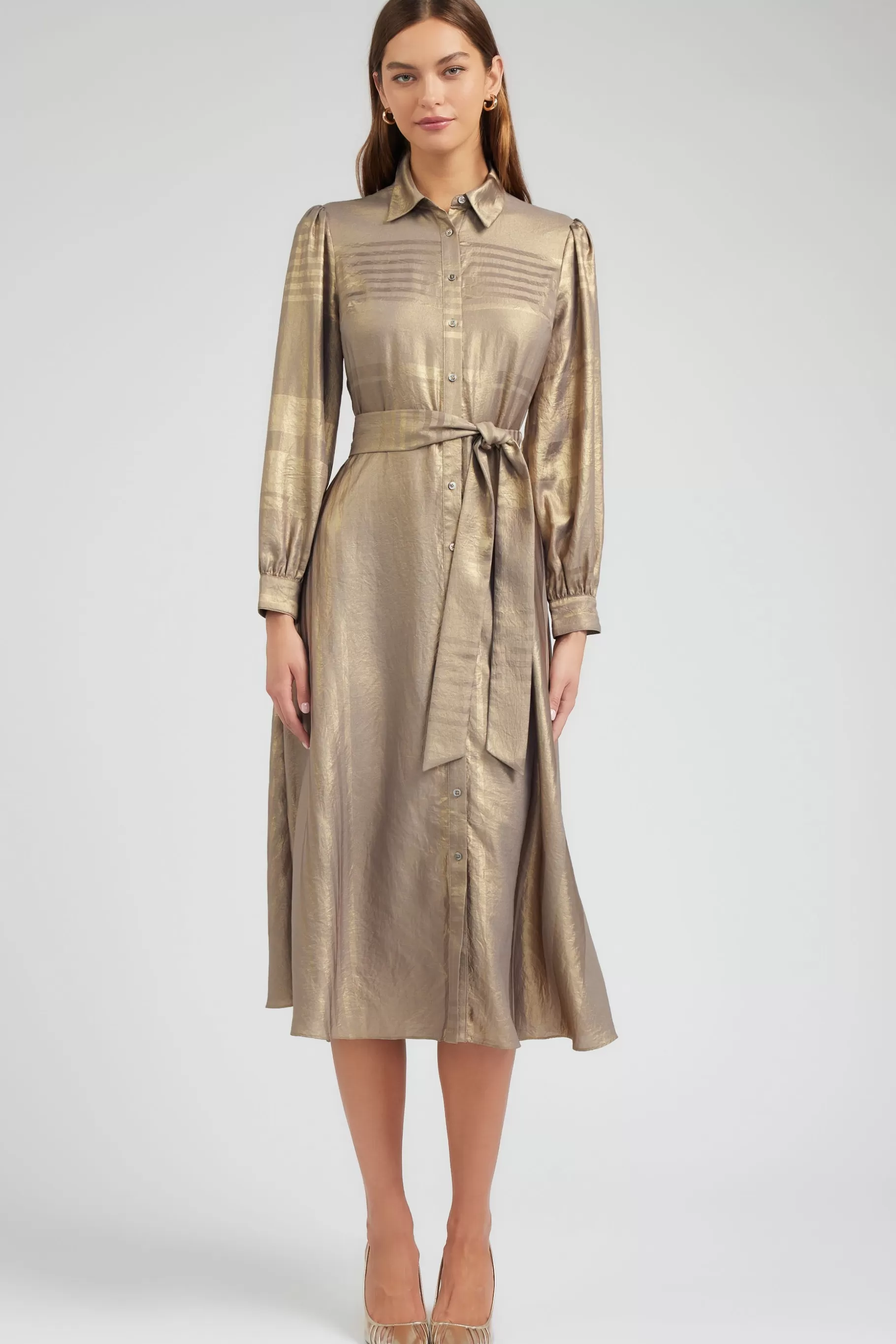 Current Air Maxi Dresses | Midi Dresses>Metallic Buttondown Dress GOLD