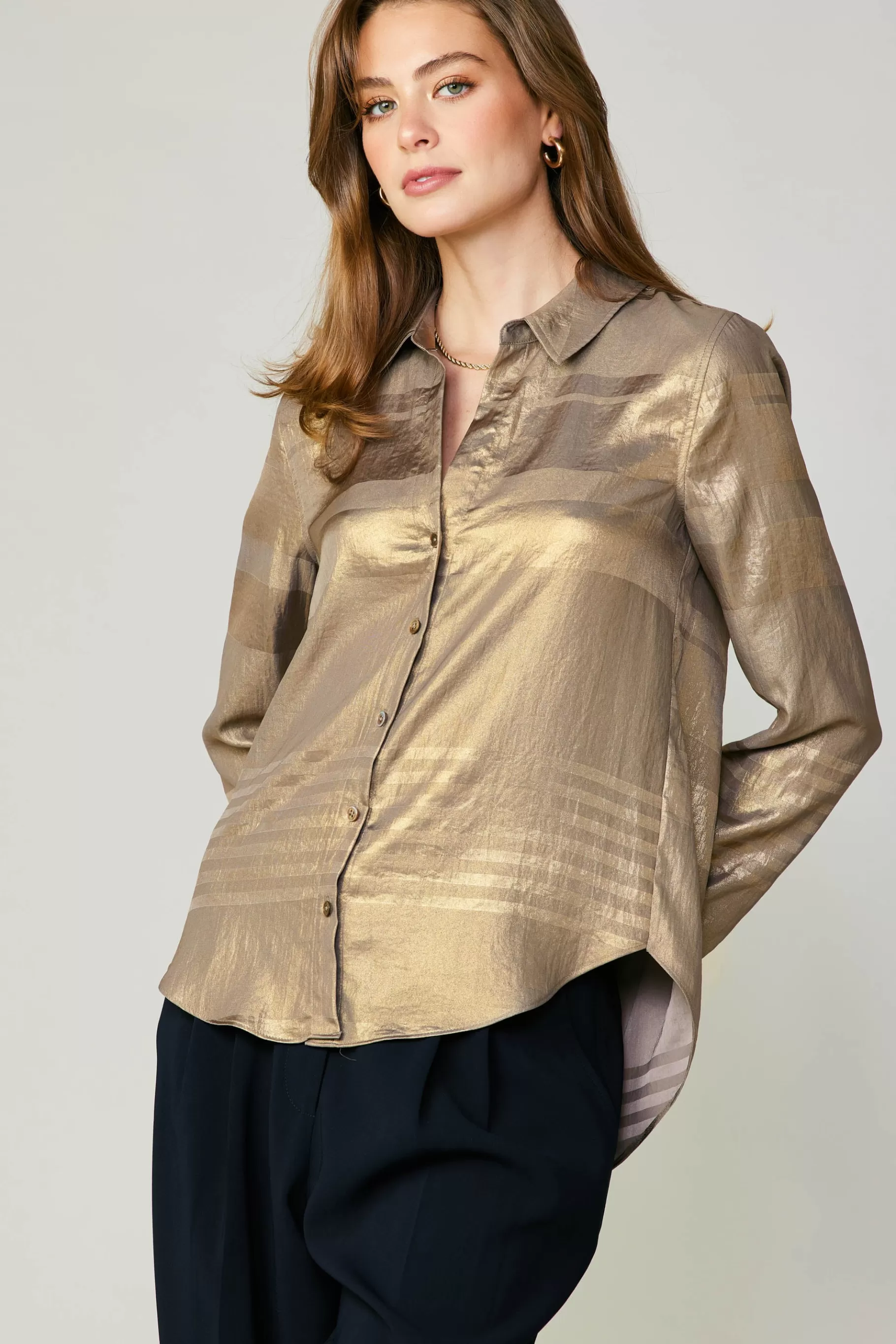 Current Air Long Sleeve Tops>Metallic Buttonup Shirt GOLD