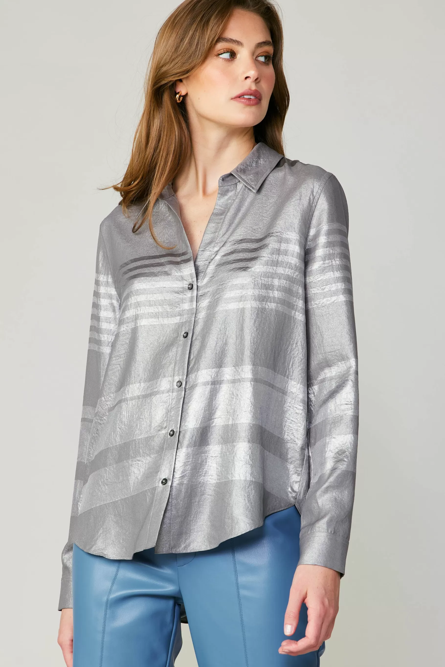 Current Air Long Sleeve Tops>Metallic Buttonup Shirt SILVER