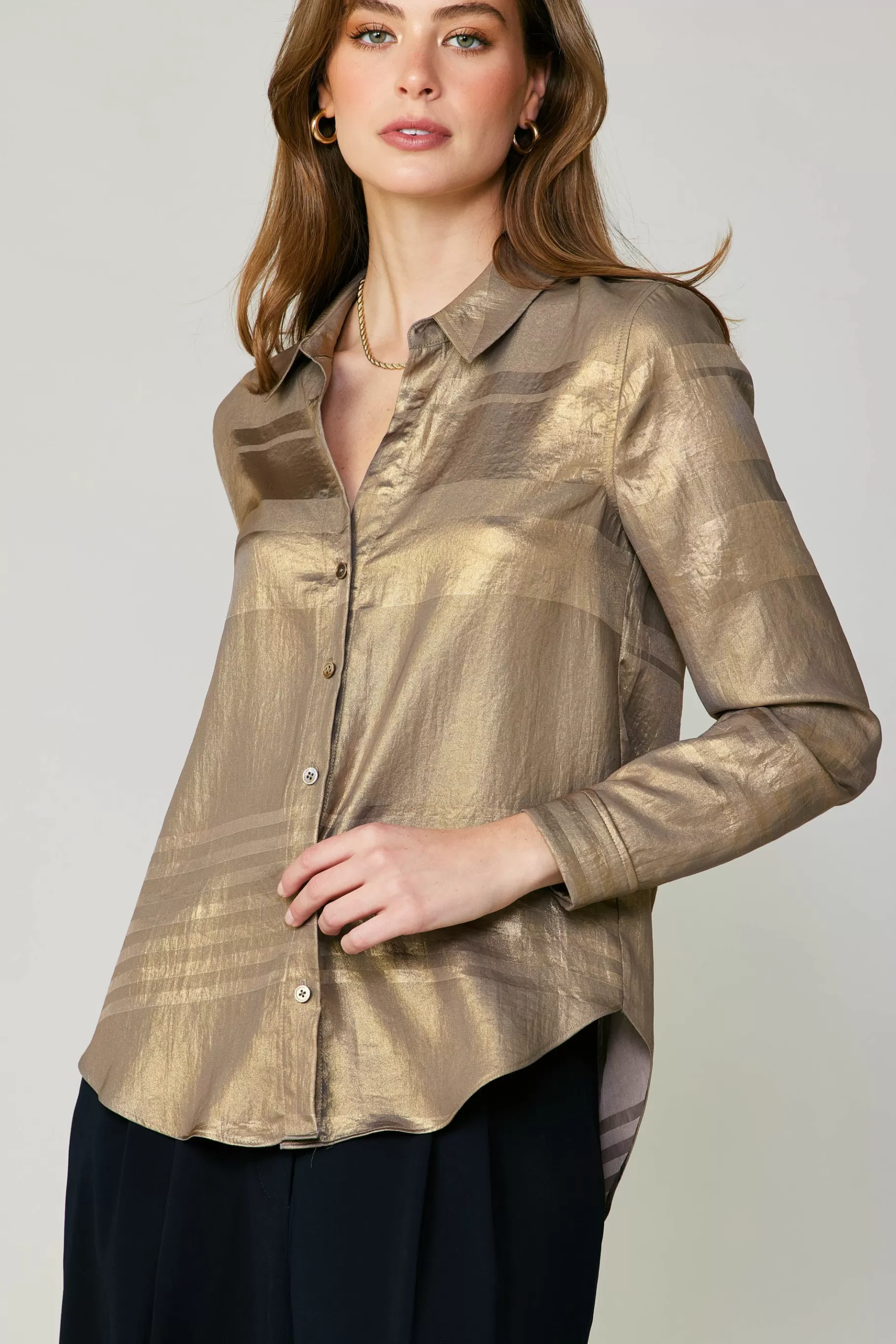 Current Air Long Sleeve Tops>Metallic Buttonup Shirt GOLD