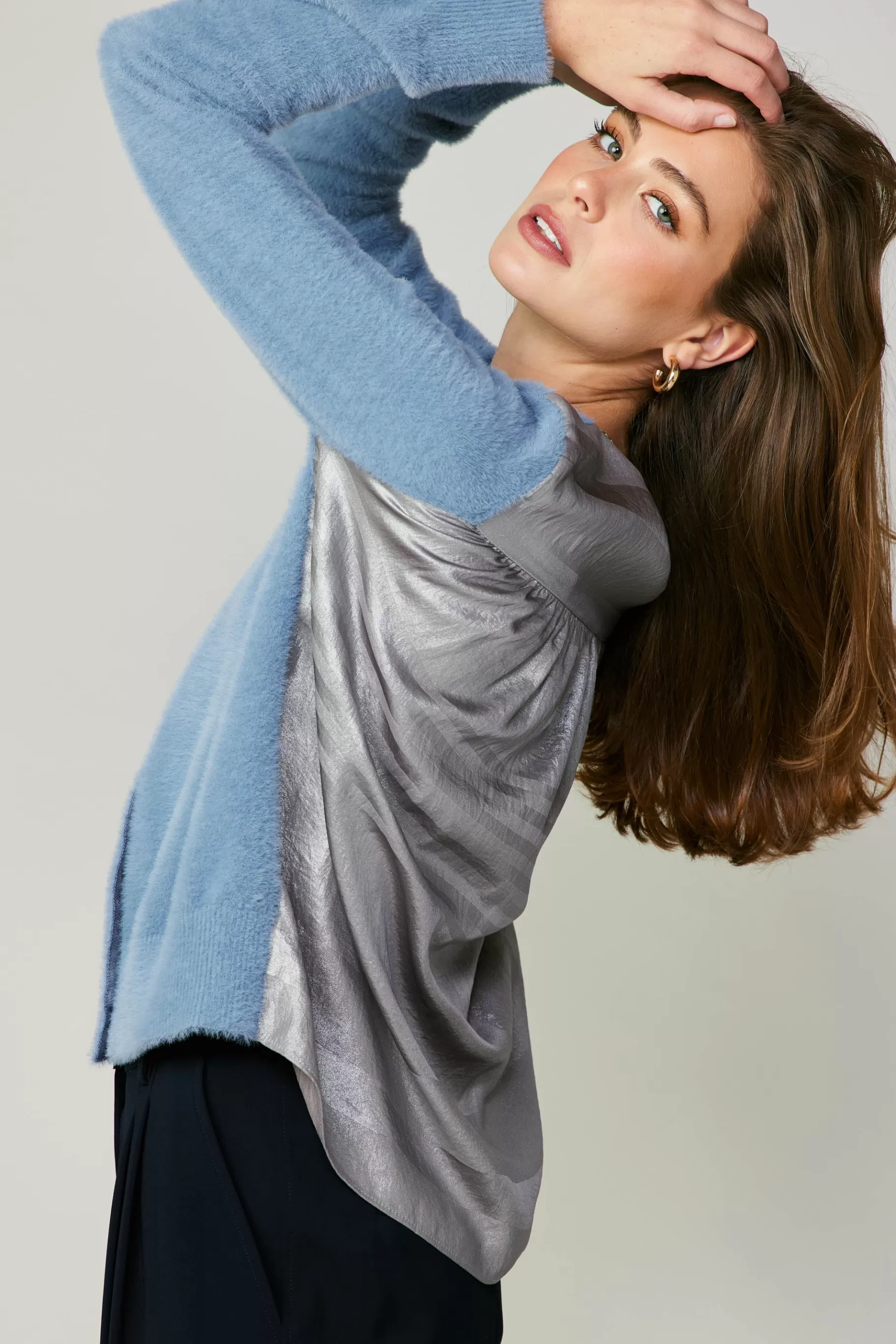 Current Air Cardigans>Metallic Contrast Cardigan BLUE