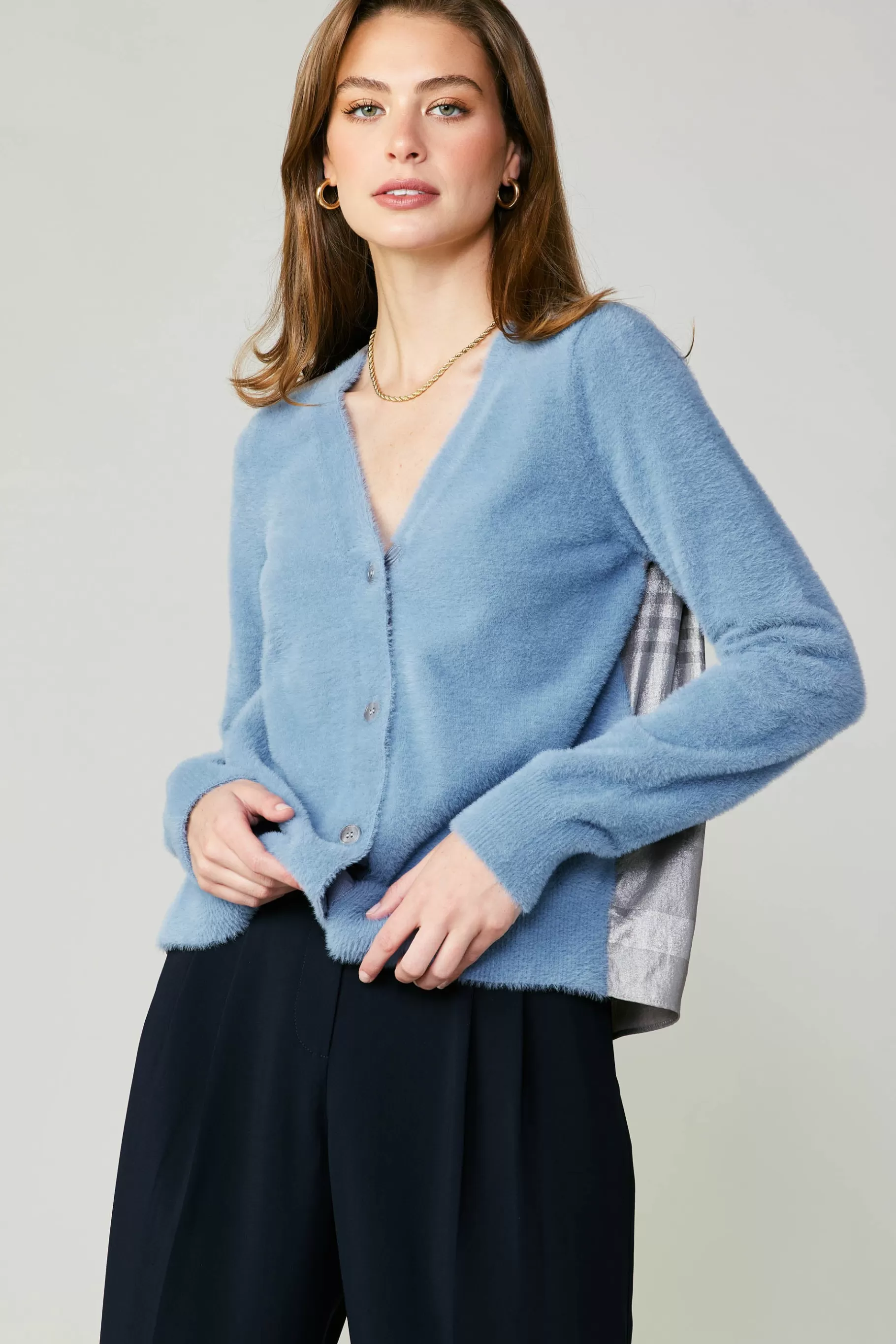 Current Air Cardigans>Metallic Contrast Cardigan BLUE