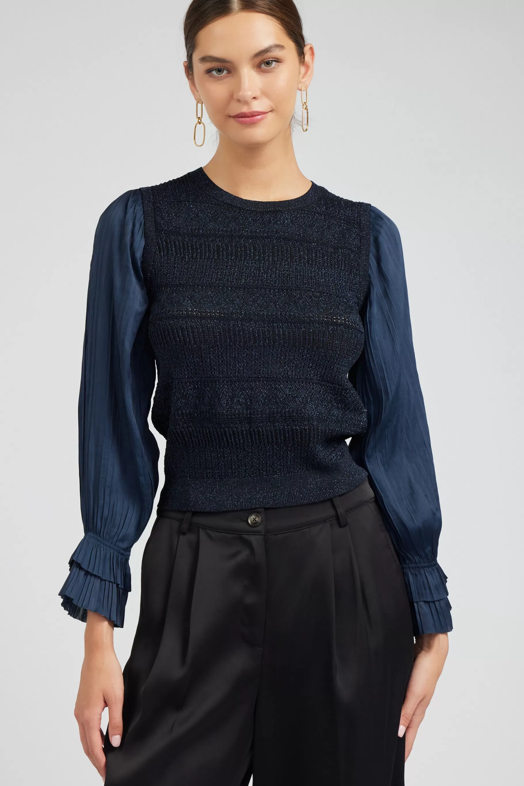 Current Air Knitwear | Long Sleeve Tops>Metallic Contrast Sweater Top NAVY