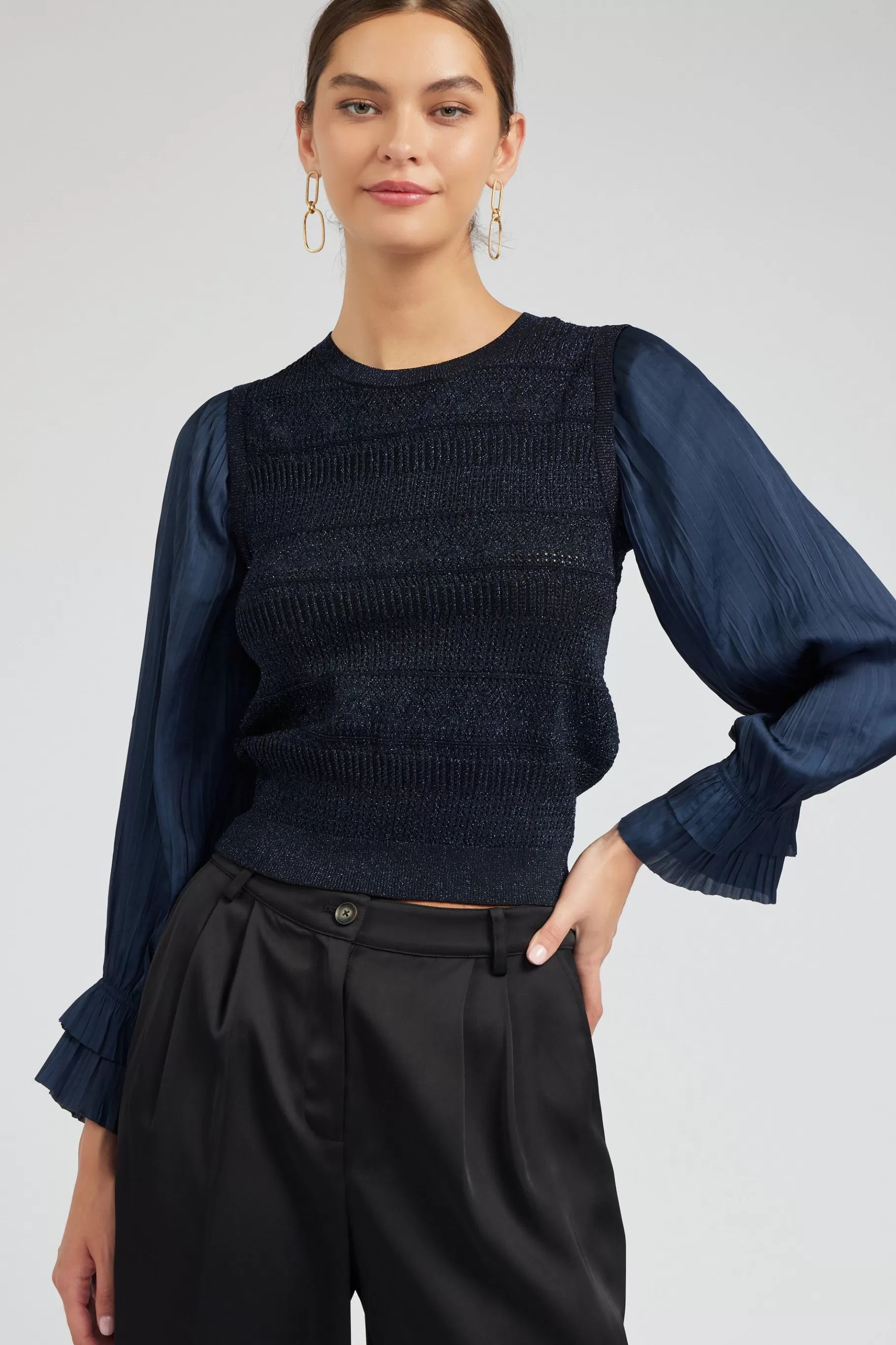 Current Air Knitwear | Long Sleeve Tops>Metallic Contrast Sweater Top NAVY