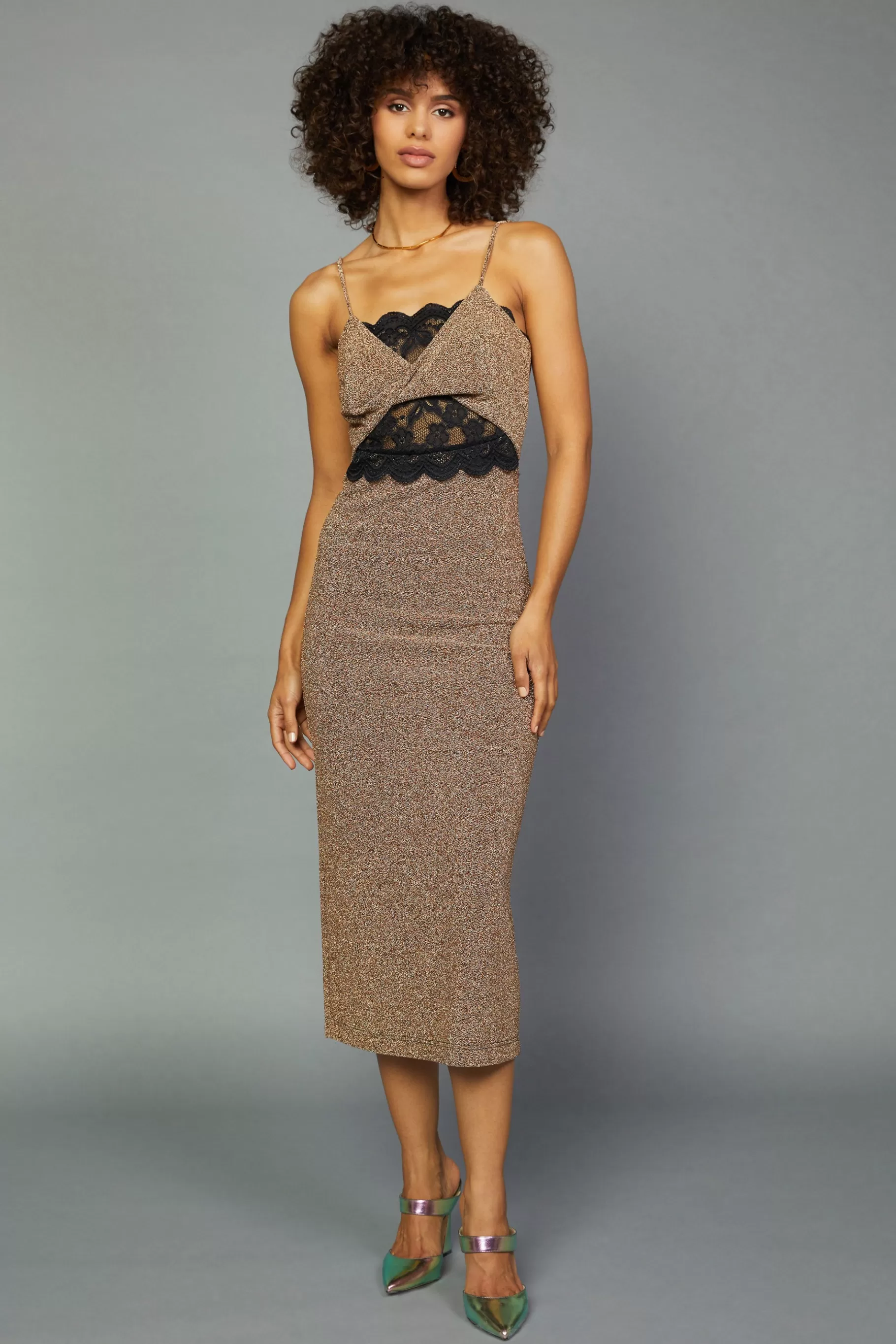Current Air Midi Dresses>Metallic Lace Detail Dress GOLD
