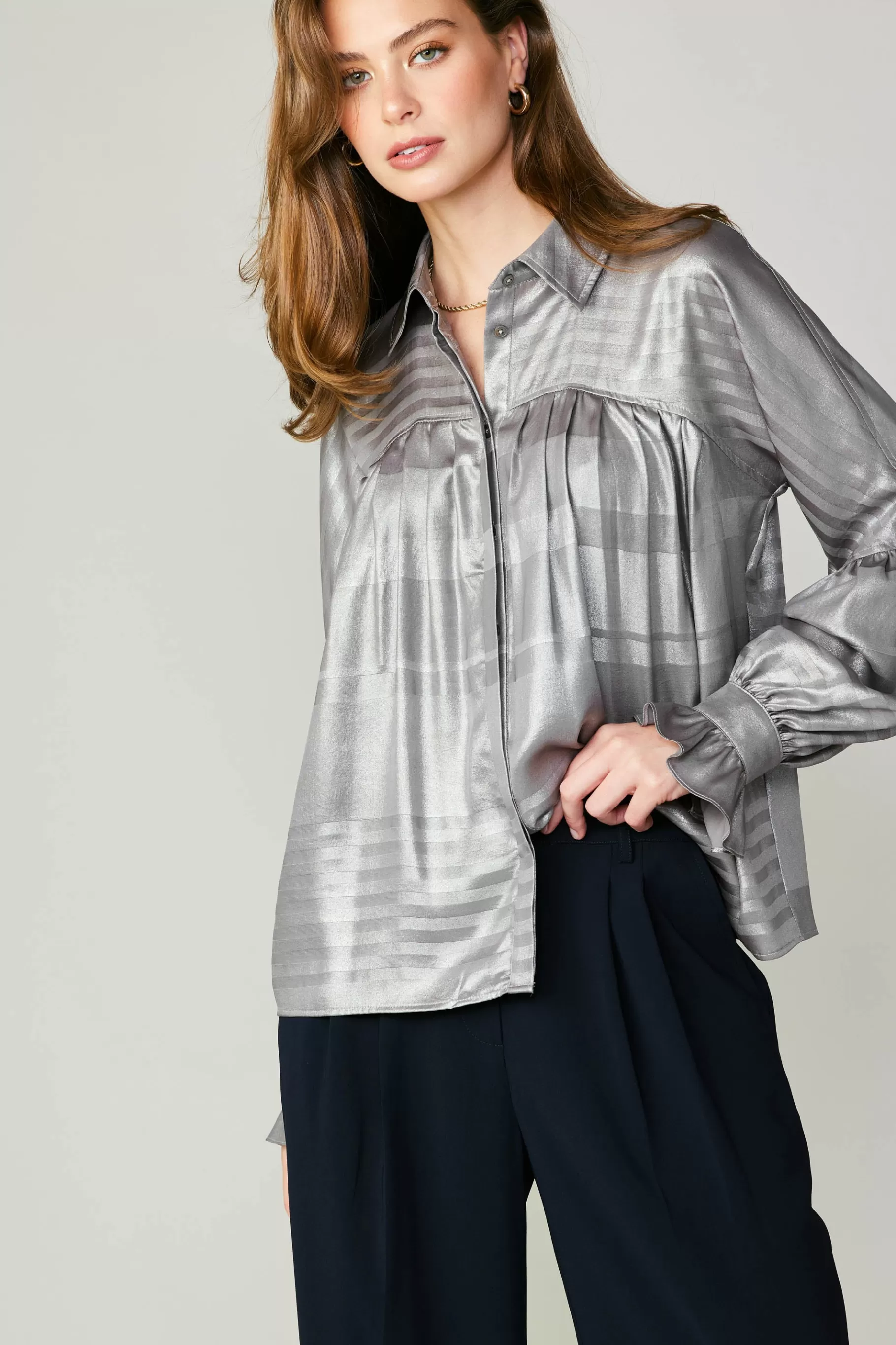 Current Air Long Sleeve Tops>Metallic Pleated Shirt SILVER