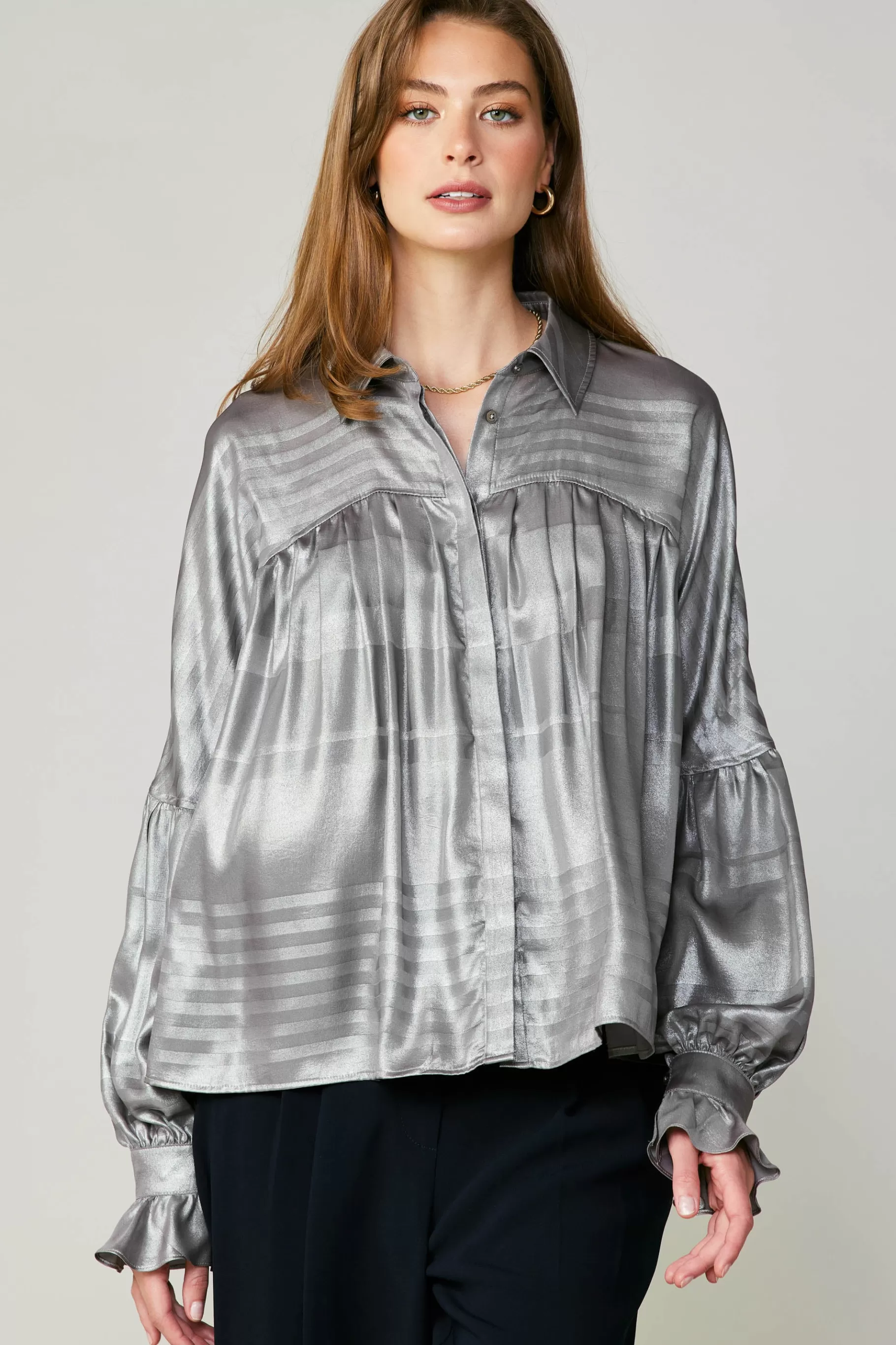 Current Air Long Sleeve Tops>Metallic Pleated Shirt SILVER