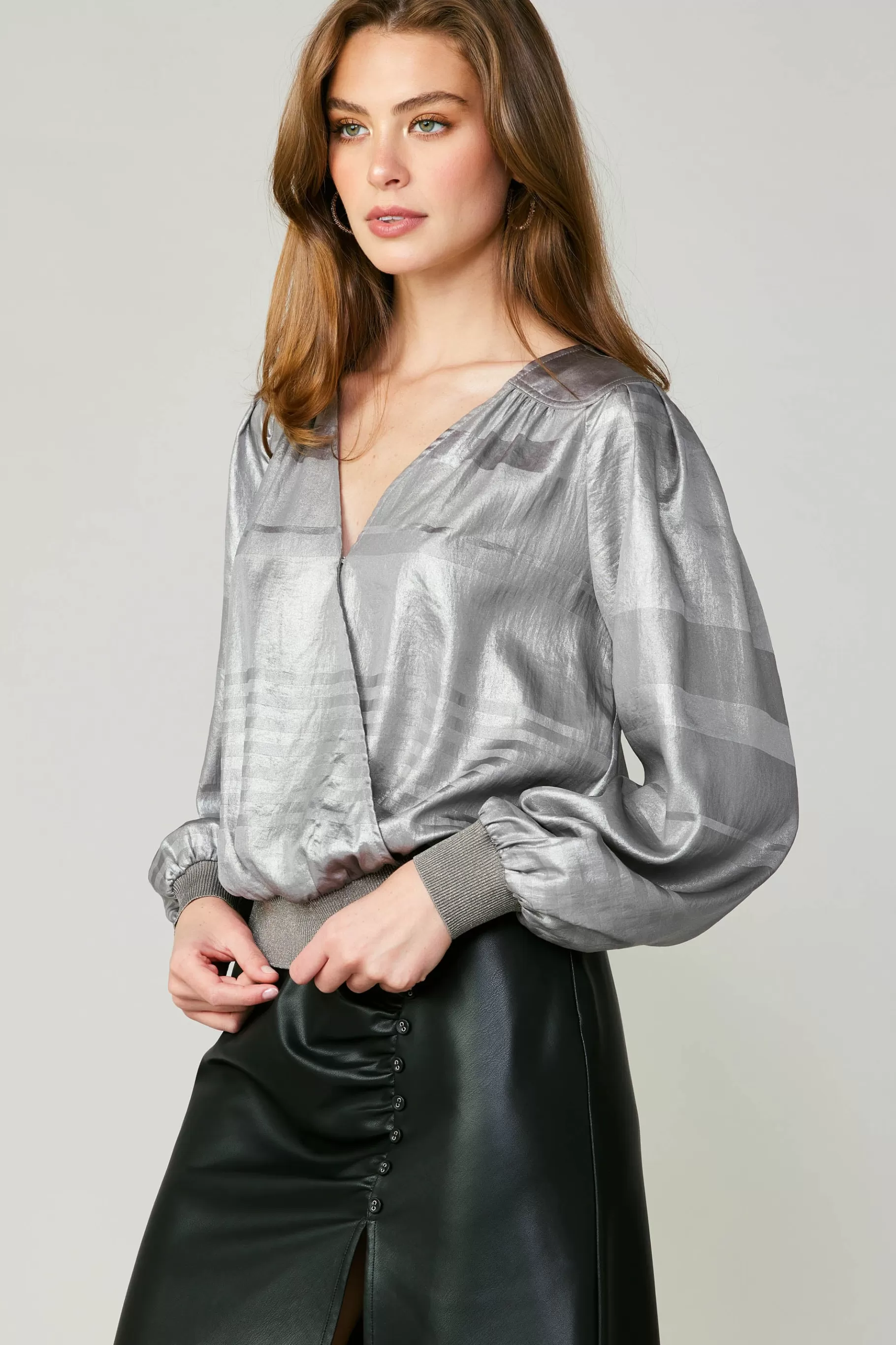 Current Air Long Sleeve Tops>Metallic Surplice Blouse SILVER