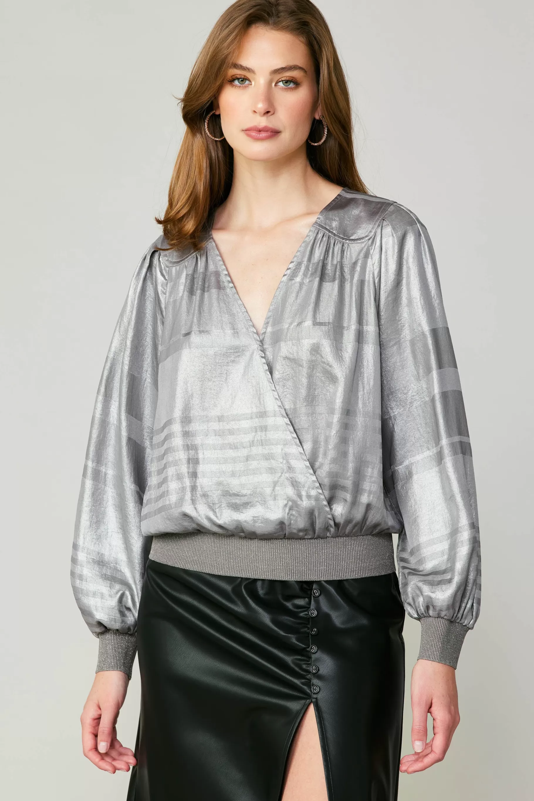 Current Air Long Sleeve Tops>Metallic Surplice Blouse SILVER