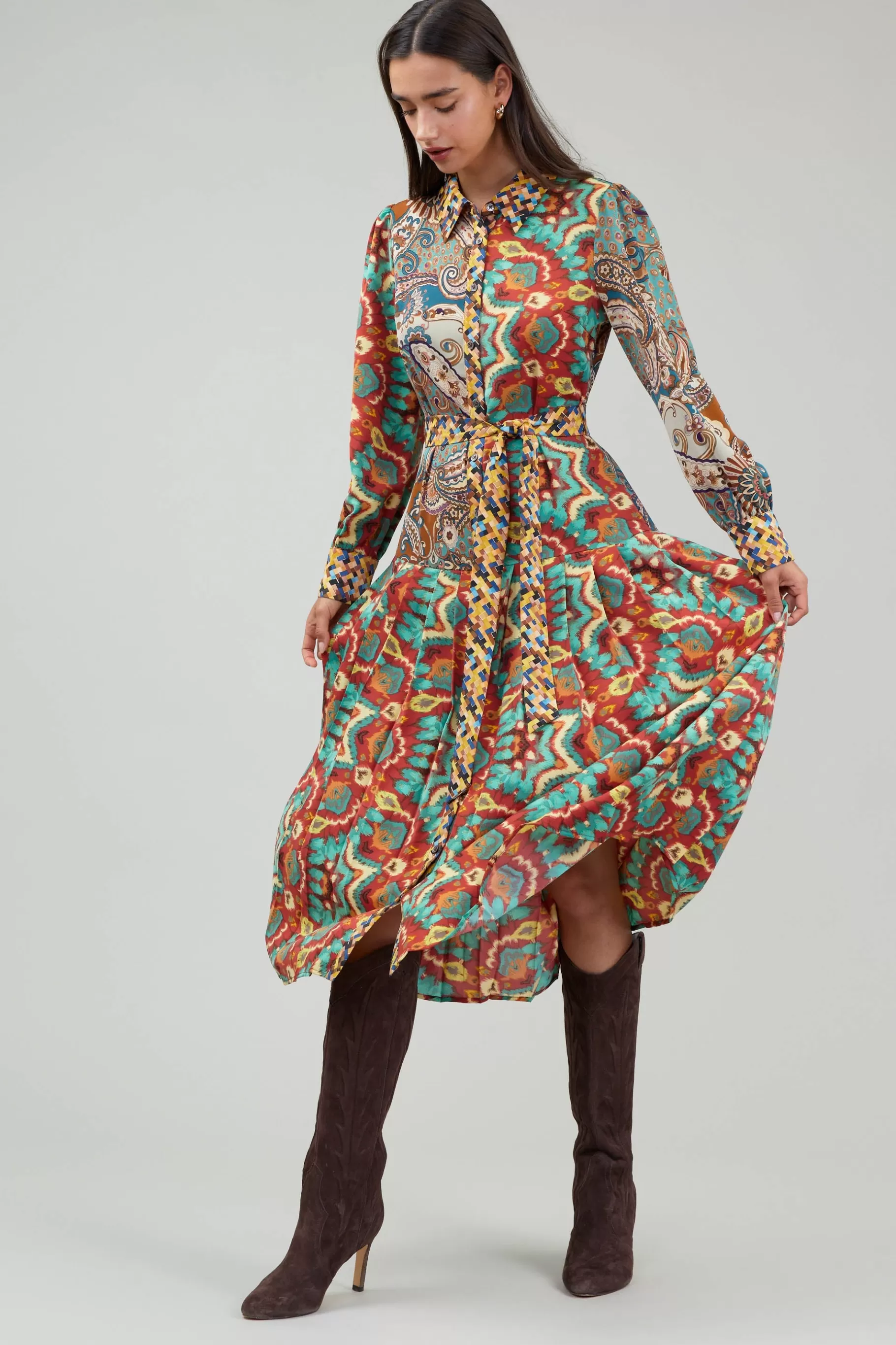 Current Air Midi Dresses>Mixed Print Shirt Dress MLT