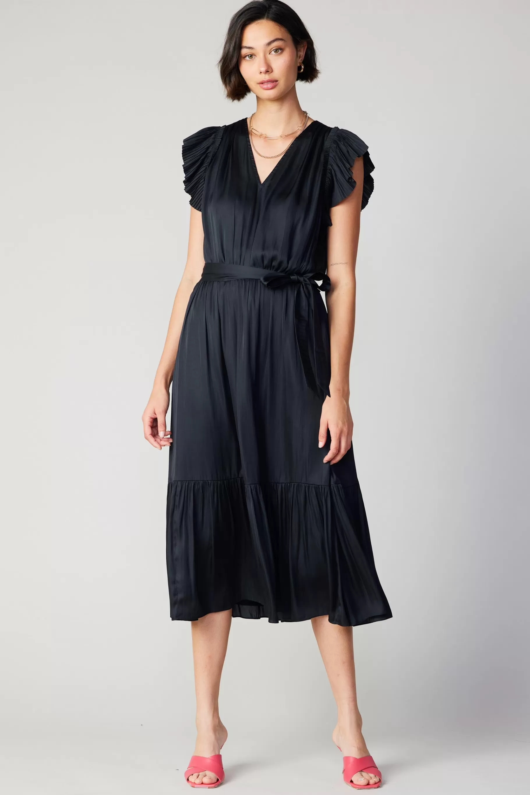 Current Air Midi Dresses>Natalia Flutter Sleeve Dress BLACK
