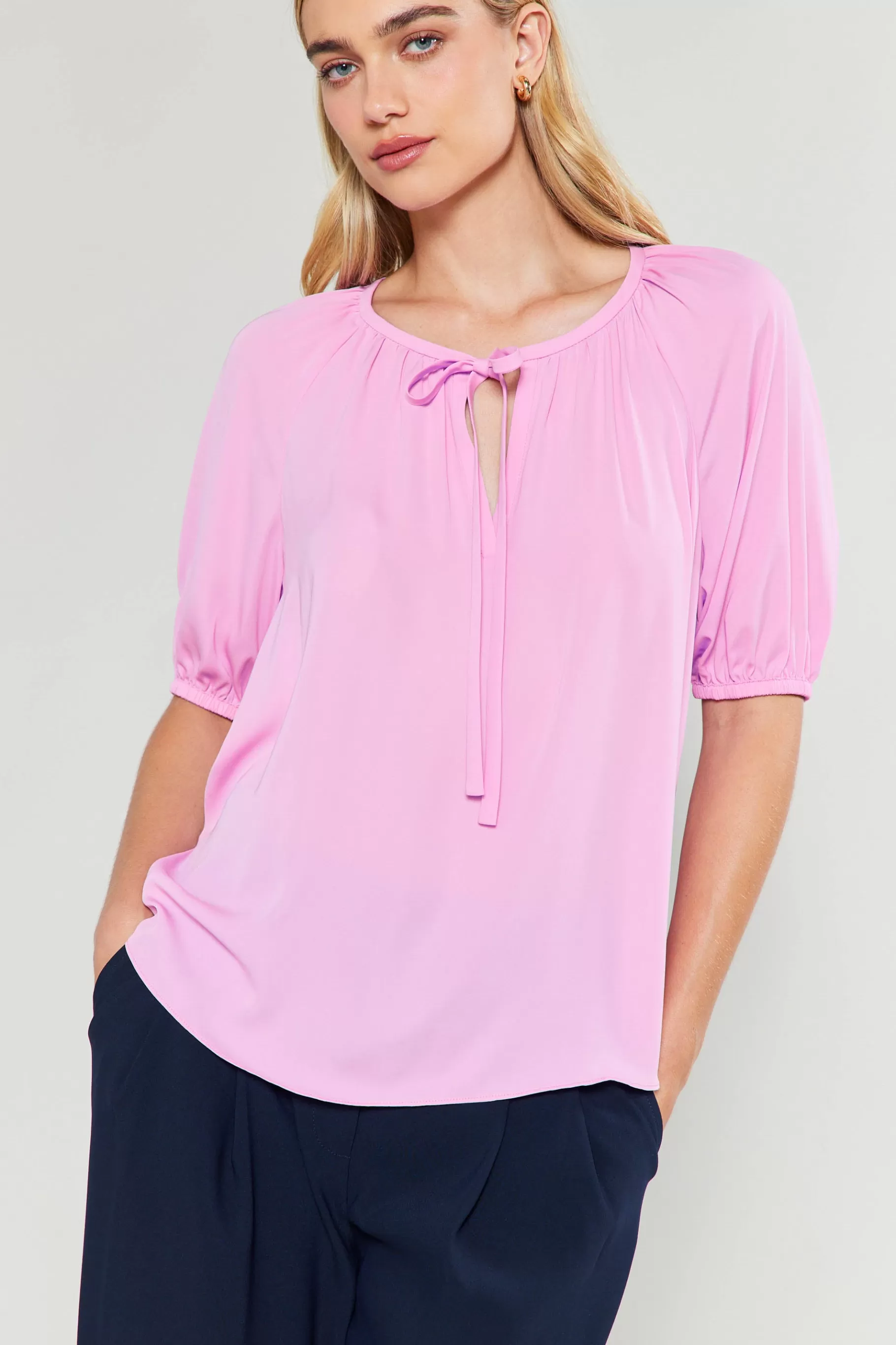 Current Air Short Sleeve Tops>Neck Tie Detailed Blouse ORCHID