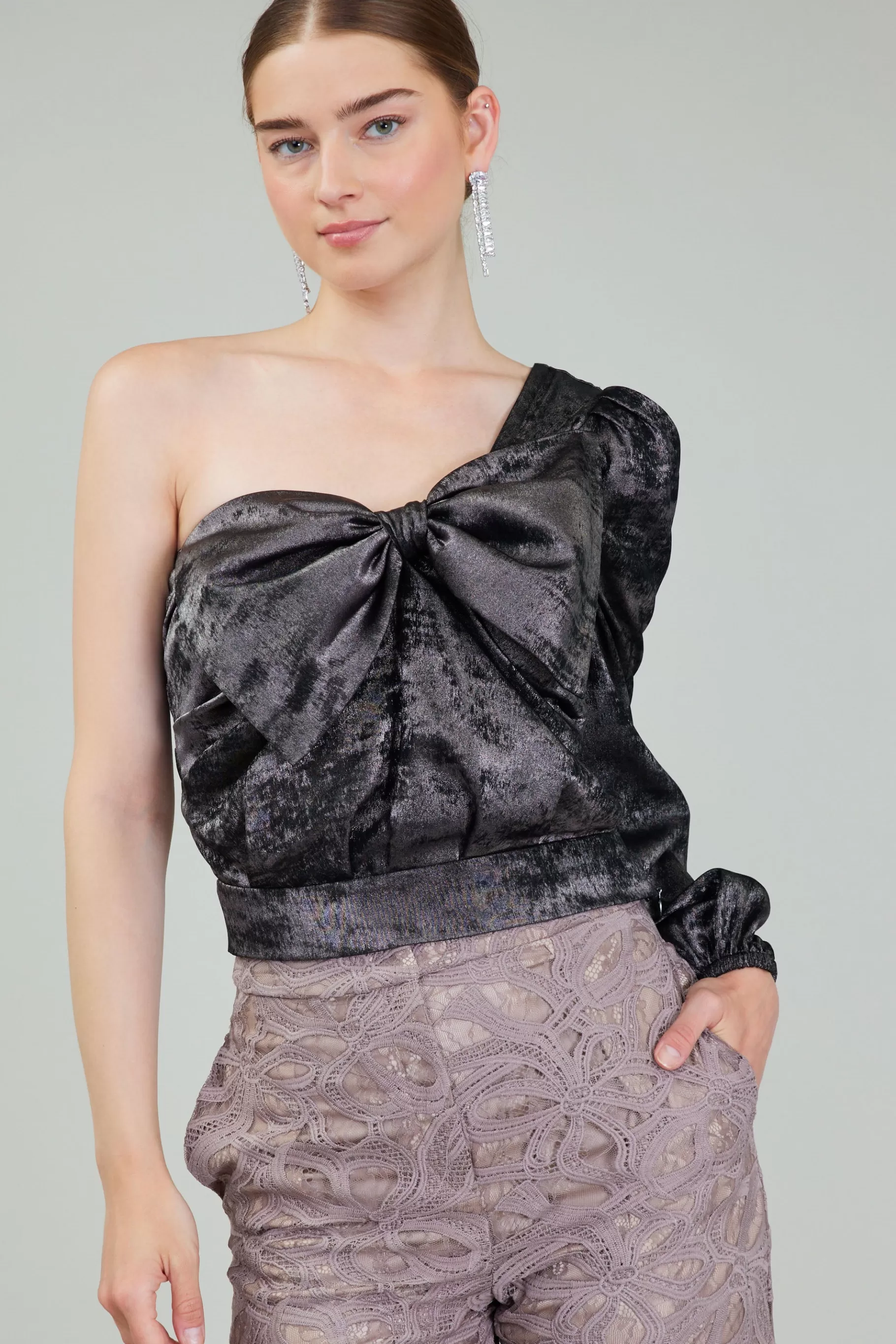 Current Air Long Sleeve Tops>One Shoulder Textured Top PLUMGUNMETAL