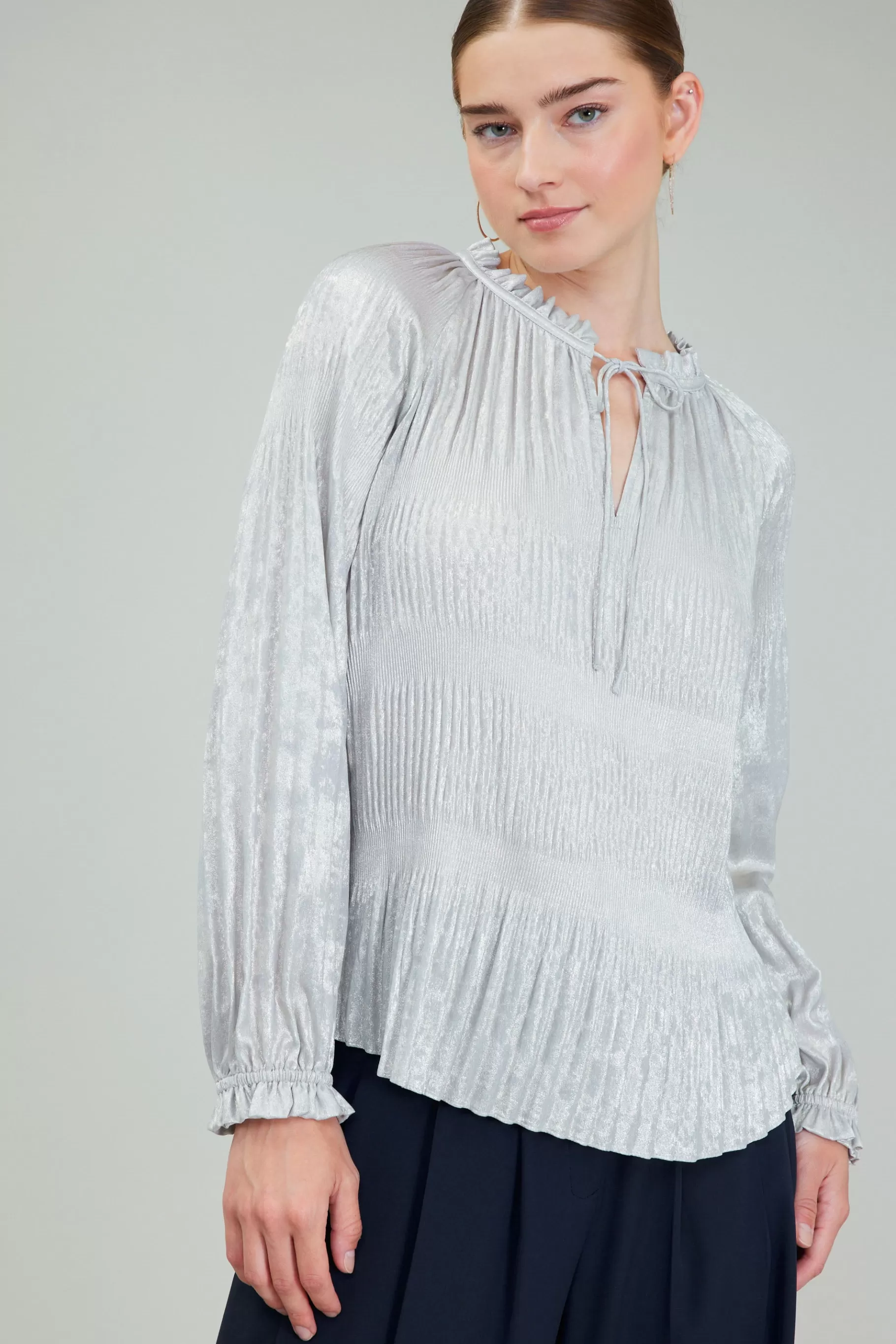 Current Air Long Sleeve Tops>Opalescent Pleated Blouse OYSTER