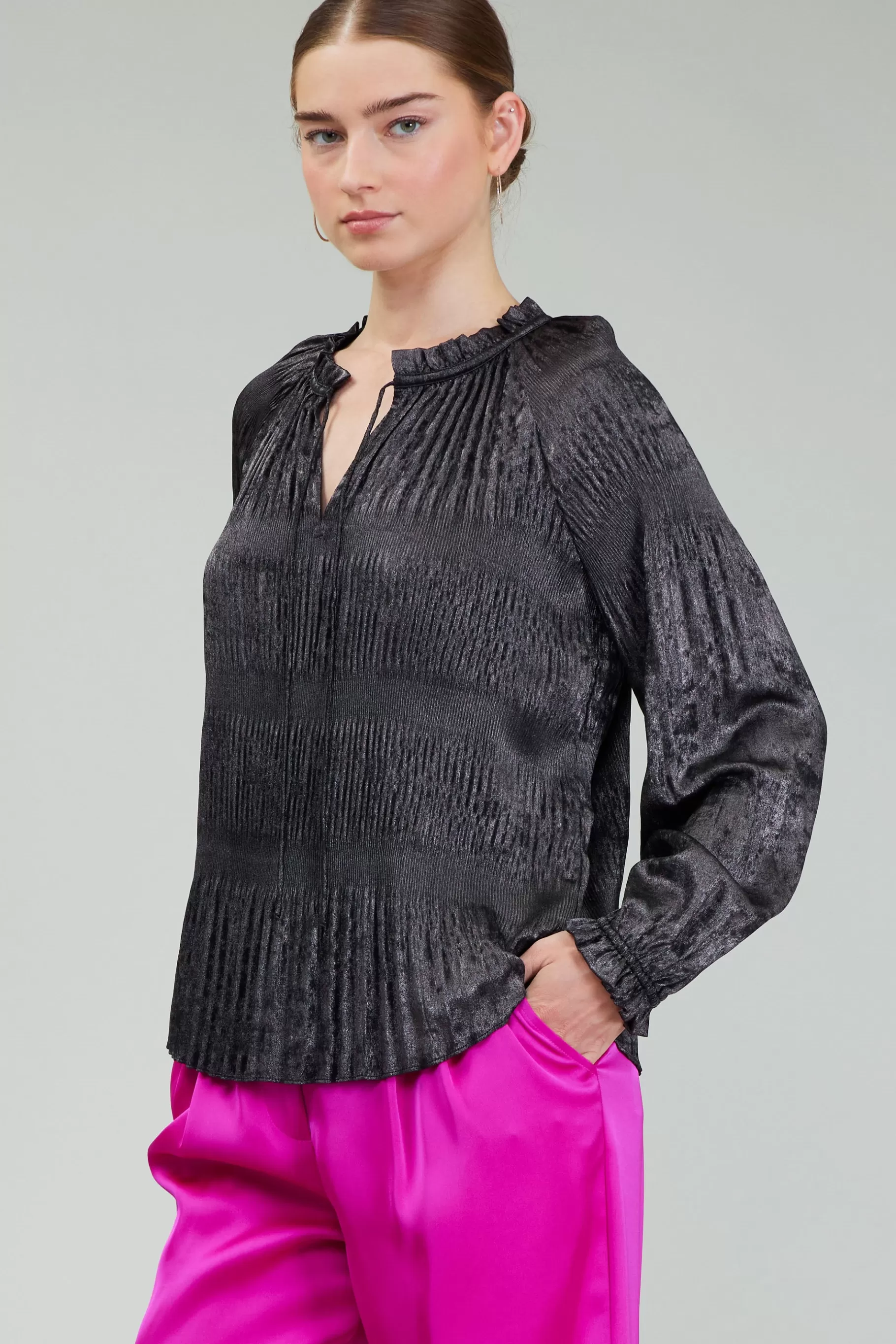 Current Air Long Sleeve Tops>Opalescent Pleated Blouse PLUMGUNMETAL